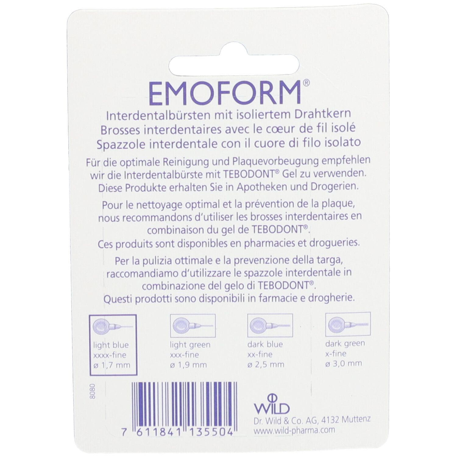 Dos de l'emballage avec texte. Logo EMOFORM®. Informations produit en allemand, français, italien. Indications de taille.