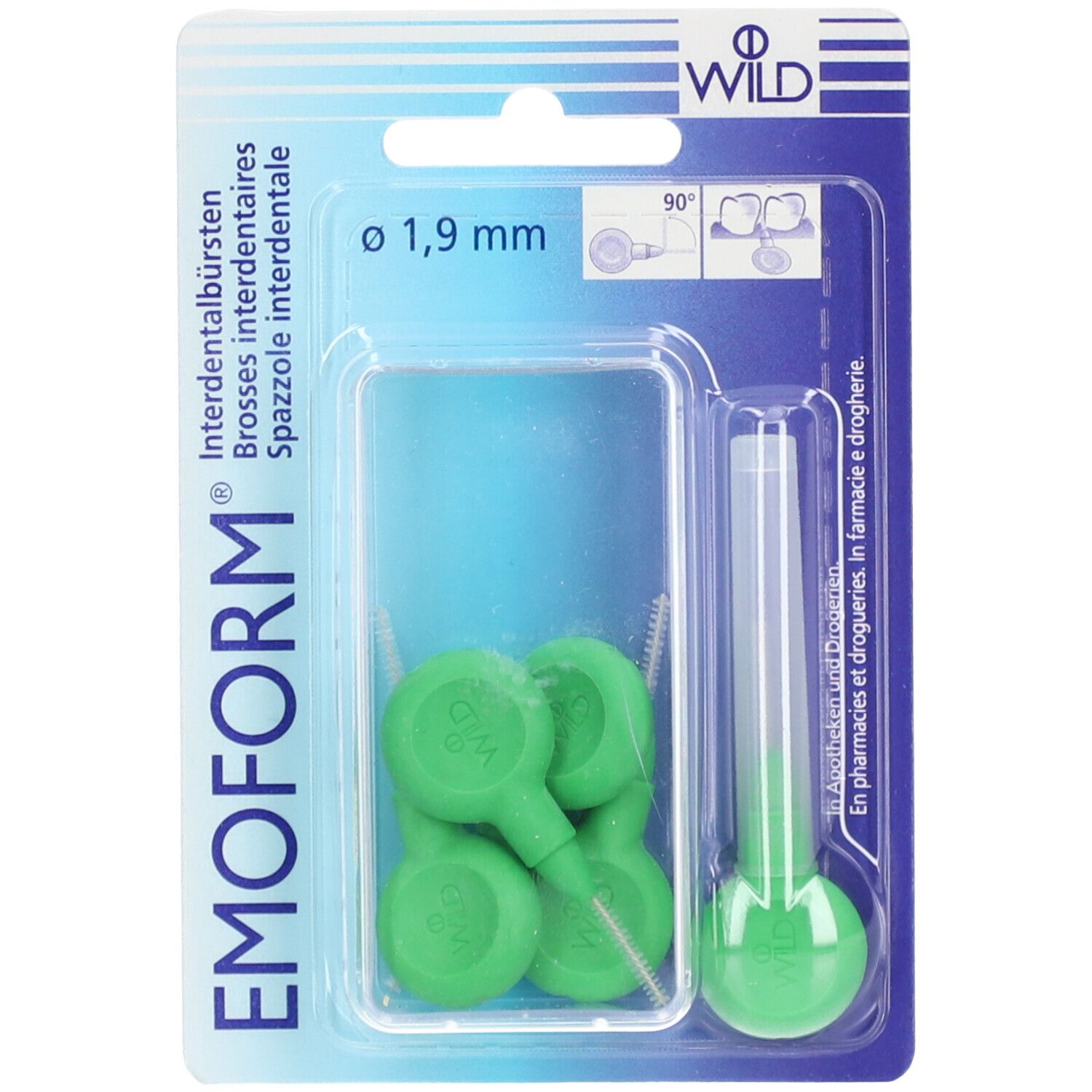 Brosses interdentaires vertes, 1,9 mm, en emballage blister. Marque visible : EMOFORM.  