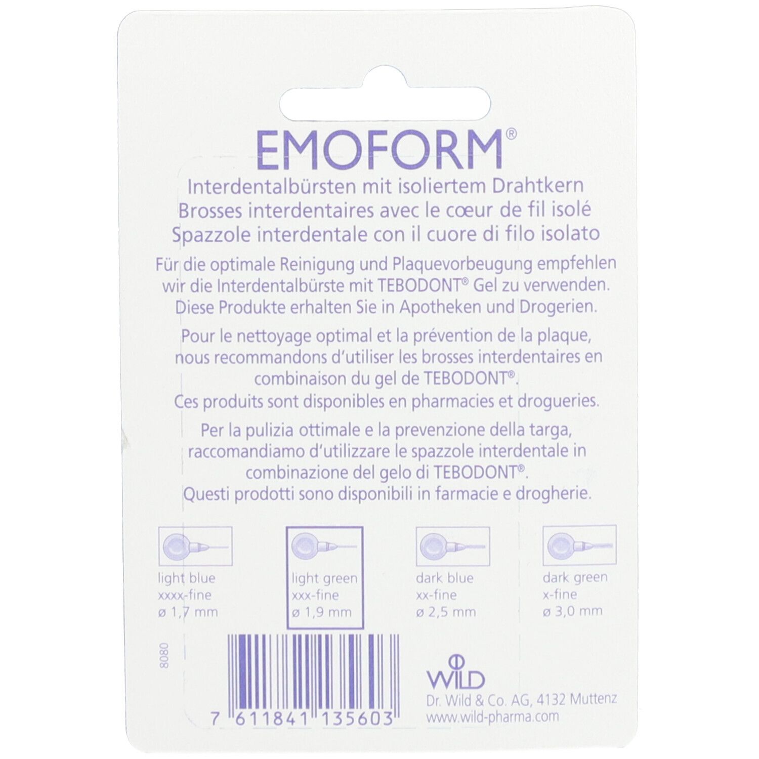 Dos de l'emballage avec informations produit. Nom du produit : EMOFORM. Indications de tailles et codes couleurs des brosses interdentaires.