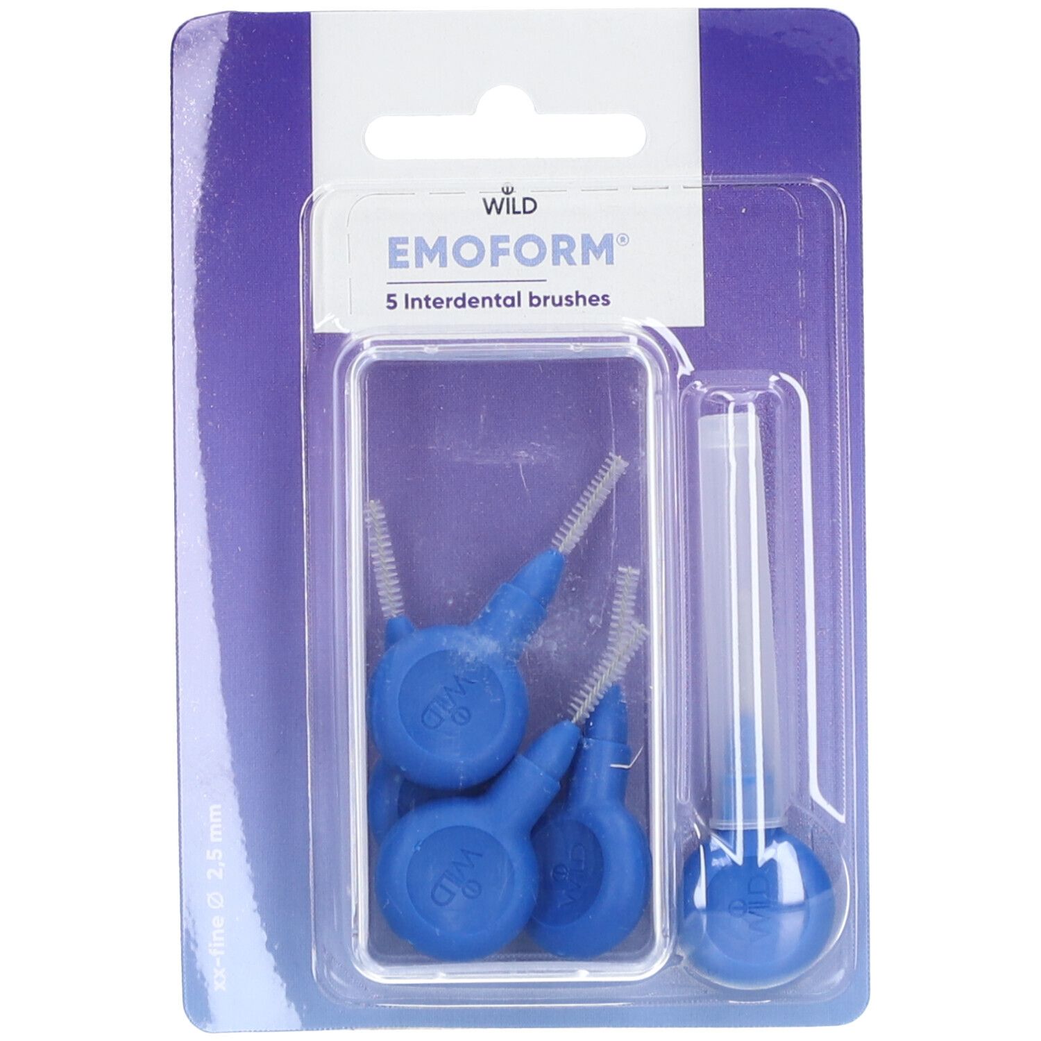 Blister de 5 brossettes interdentaires bleues. Marque EMOFORM®. 2,5 mm. Manche et brins en plastique.