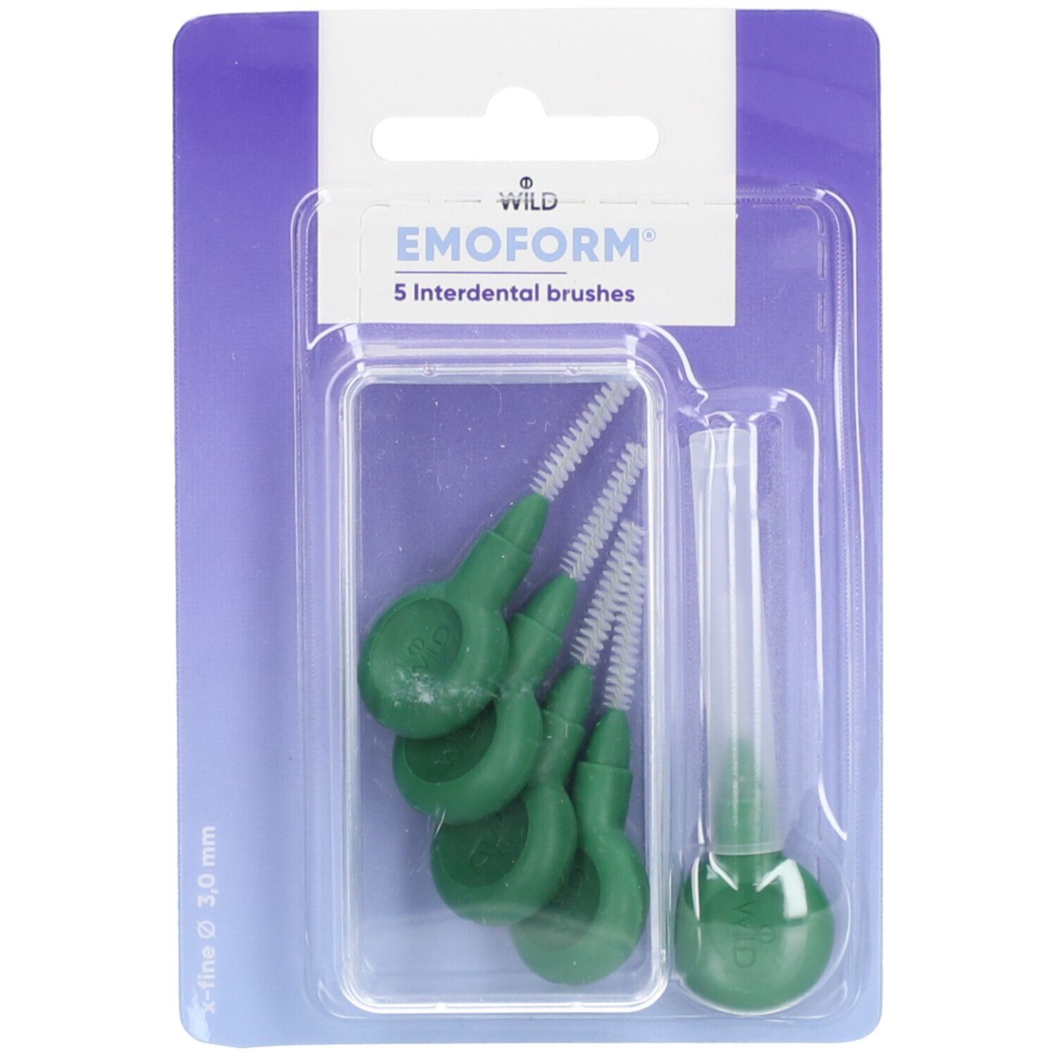 Emballage de 5 brossettes interdentaires vertes. Marque EMOFORM. 3,0 mm. Emballage plastique.