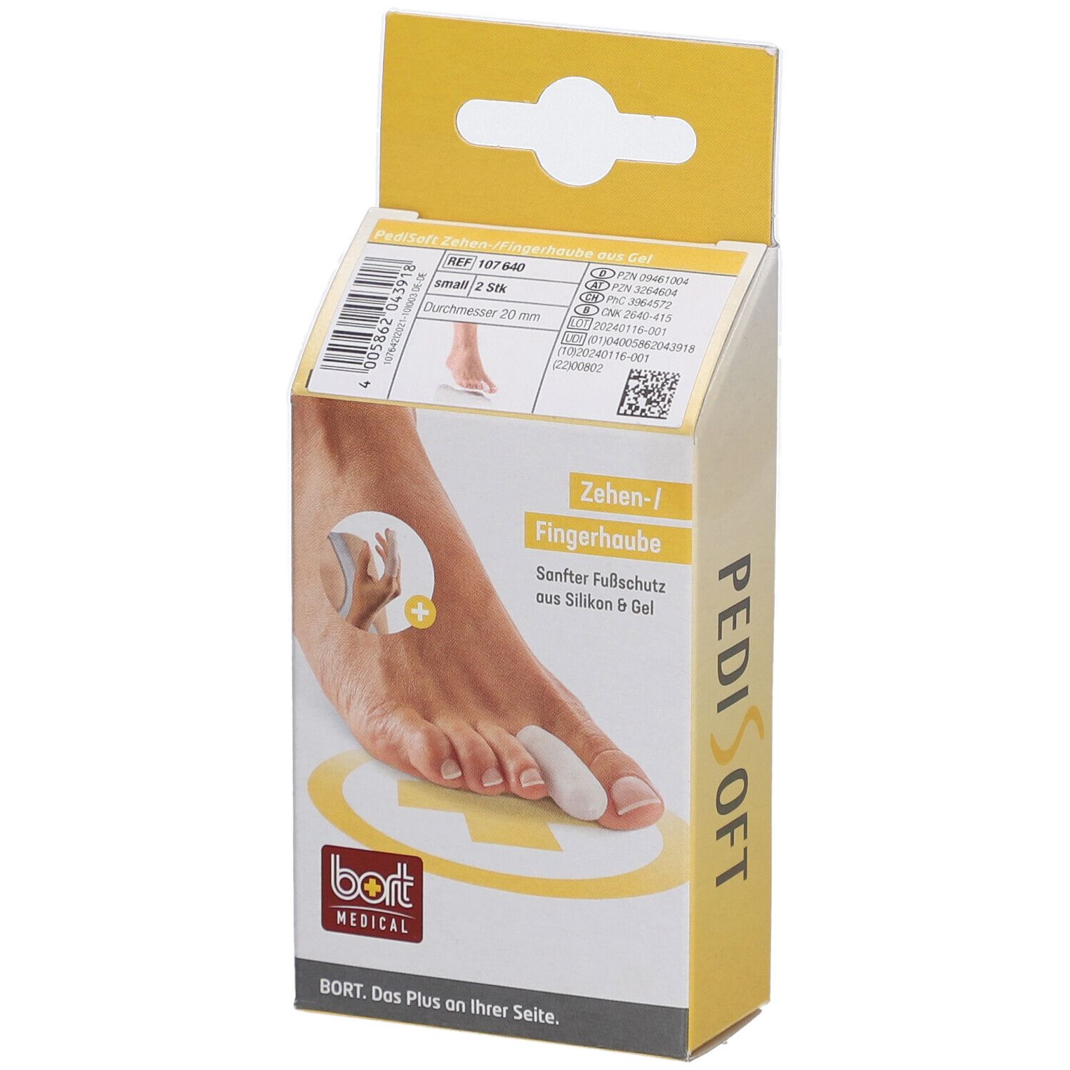 Emballage Bort PediSoft pour orteils/doigts. Montre un pied avec protection d'orteil. Emballage jaune et blanc avec image du produit.
