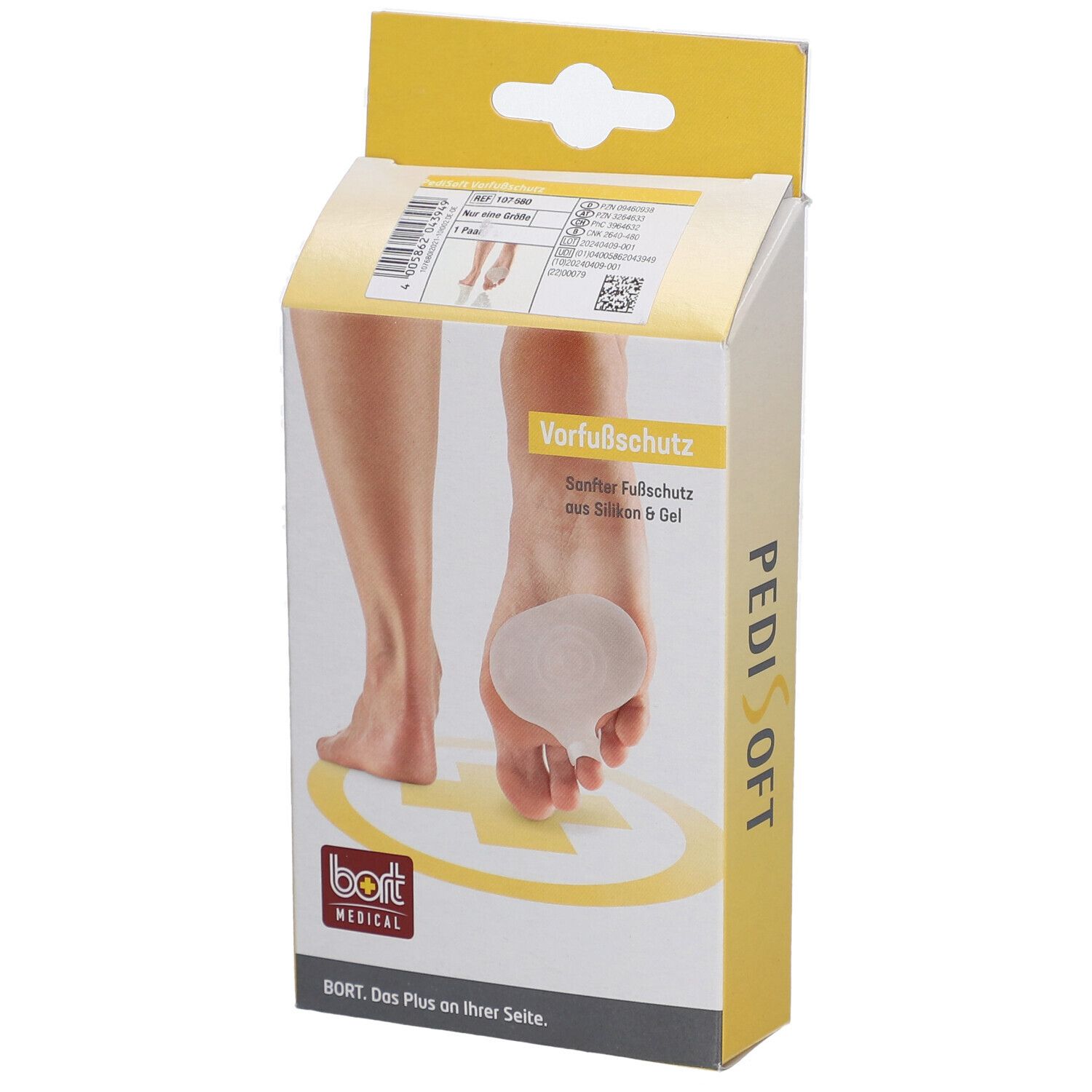 Emballage de protection avant-pied en silicone et gel. Marque BORT MEDICAL. Nom du produit PediSoft®.