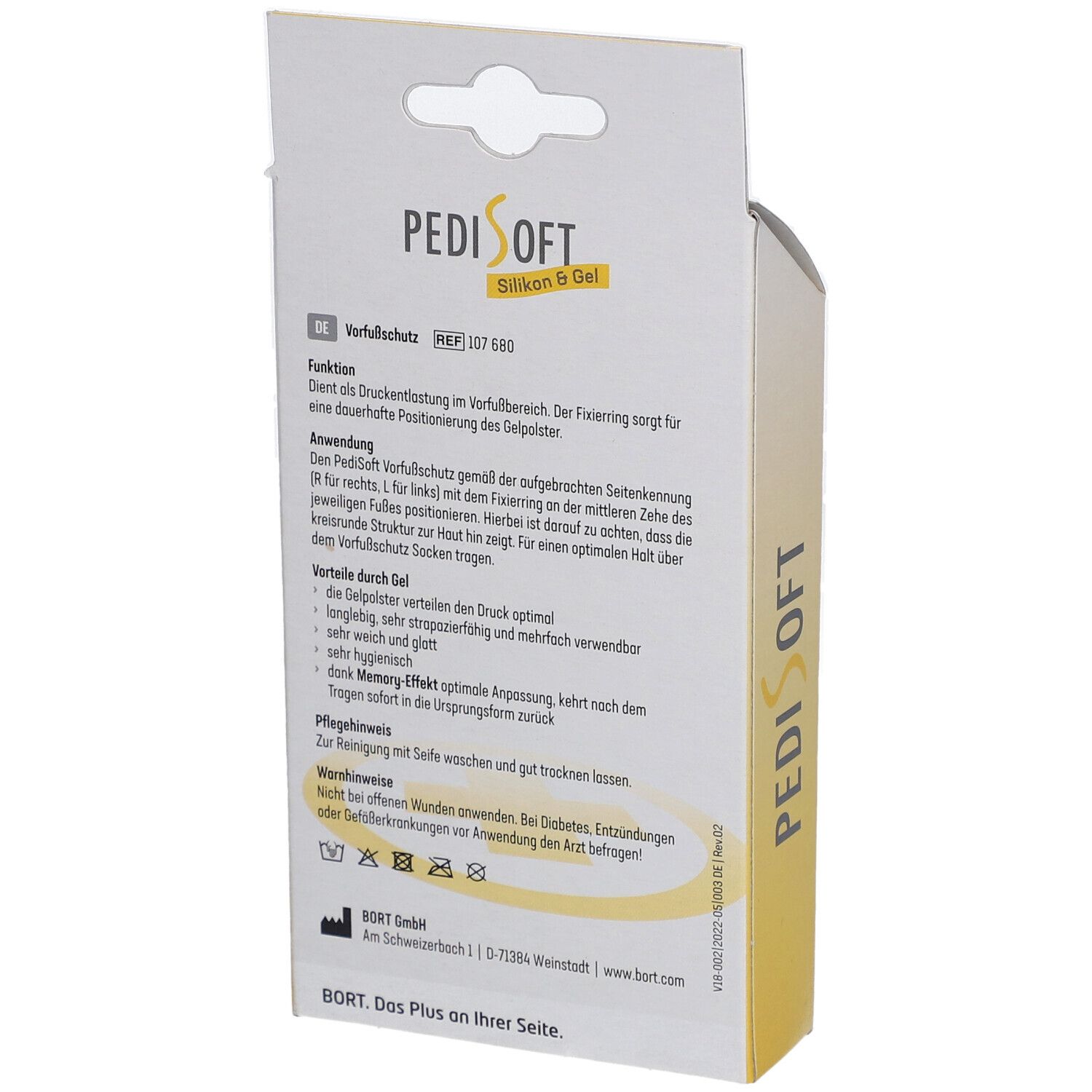 Dos de l'emballage. Informations textuelles sur la protection avant-pied PediSoft® en silicone et gel.