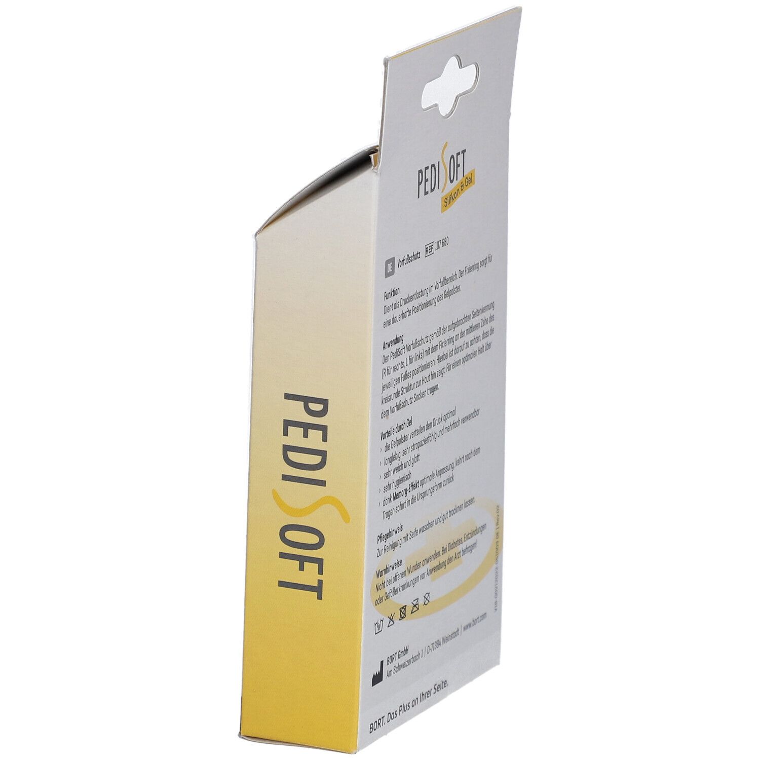 Vue latérale de l'emballage. Informations textuelles sur la protection avant-pied PediSoft® en silicone et gel.