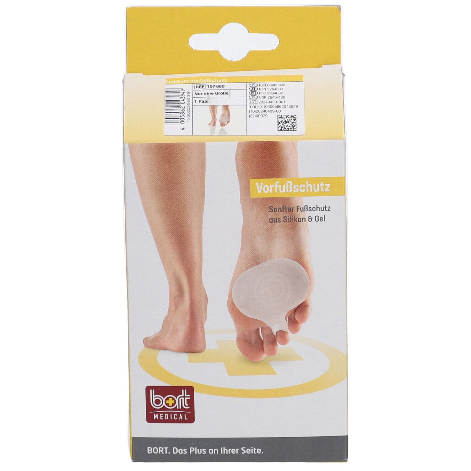Emballage de protection avant-pied en silicone et gel. Marque BORT MEDICAL. Nom du produit PediSoft®.