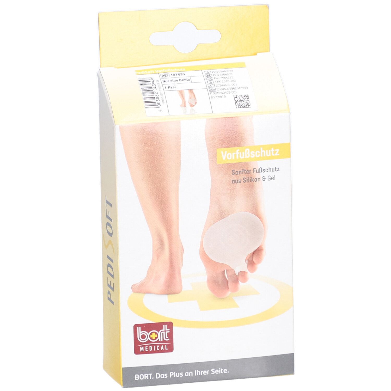Emballage de protection avant-pied en silicone et gel. Marque BORT MEDICAL. Nom du produit PediSoft®.