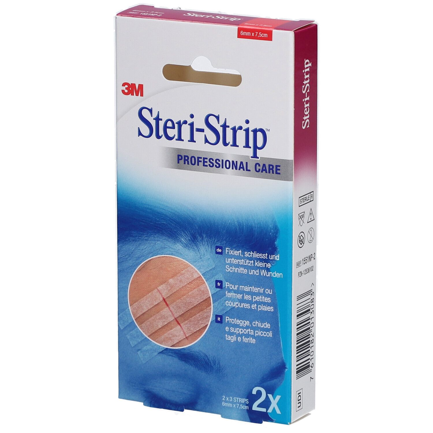 Boîte de 3M Steri-Strip. Contient 2 x 3 bandes. Dimensions : 6 mm x 75 mm. Nom et marque du produit clairement visibles.