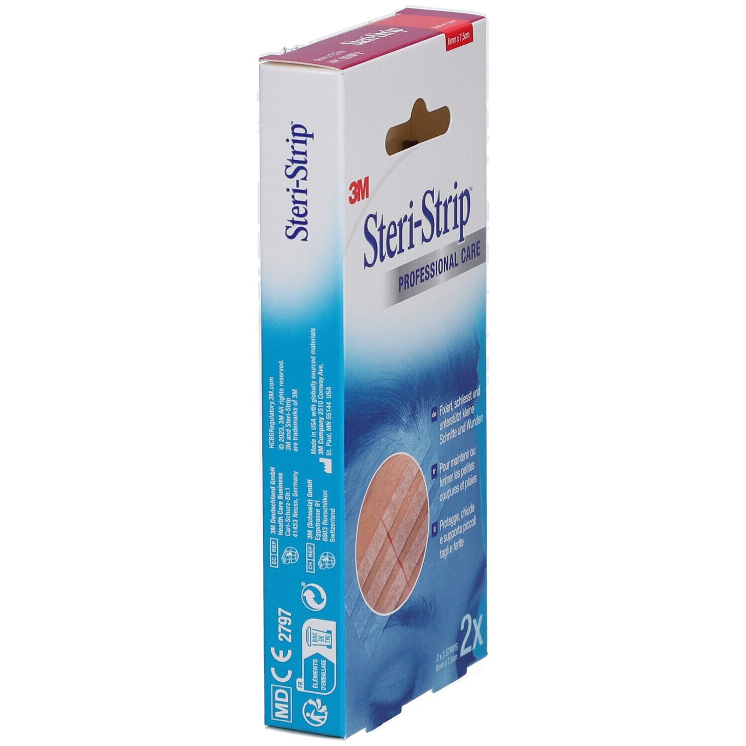 Vue latérale de la boîte 3M Steri-Strip. Nom et marque du produit visibles. Contient 2 x 3 bandes. Marquage CE.