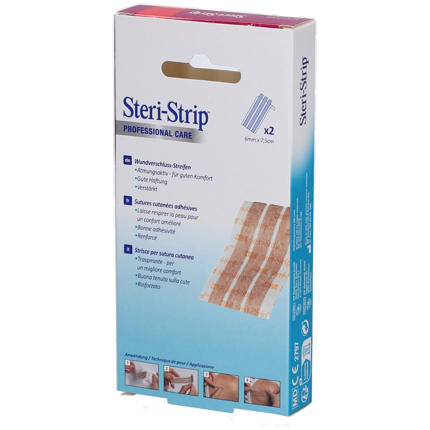 Boîte 3M Steri-Strip. Nom et marque du produit visibles. Contient 2 x 3 bandes. Illustration de l'application.