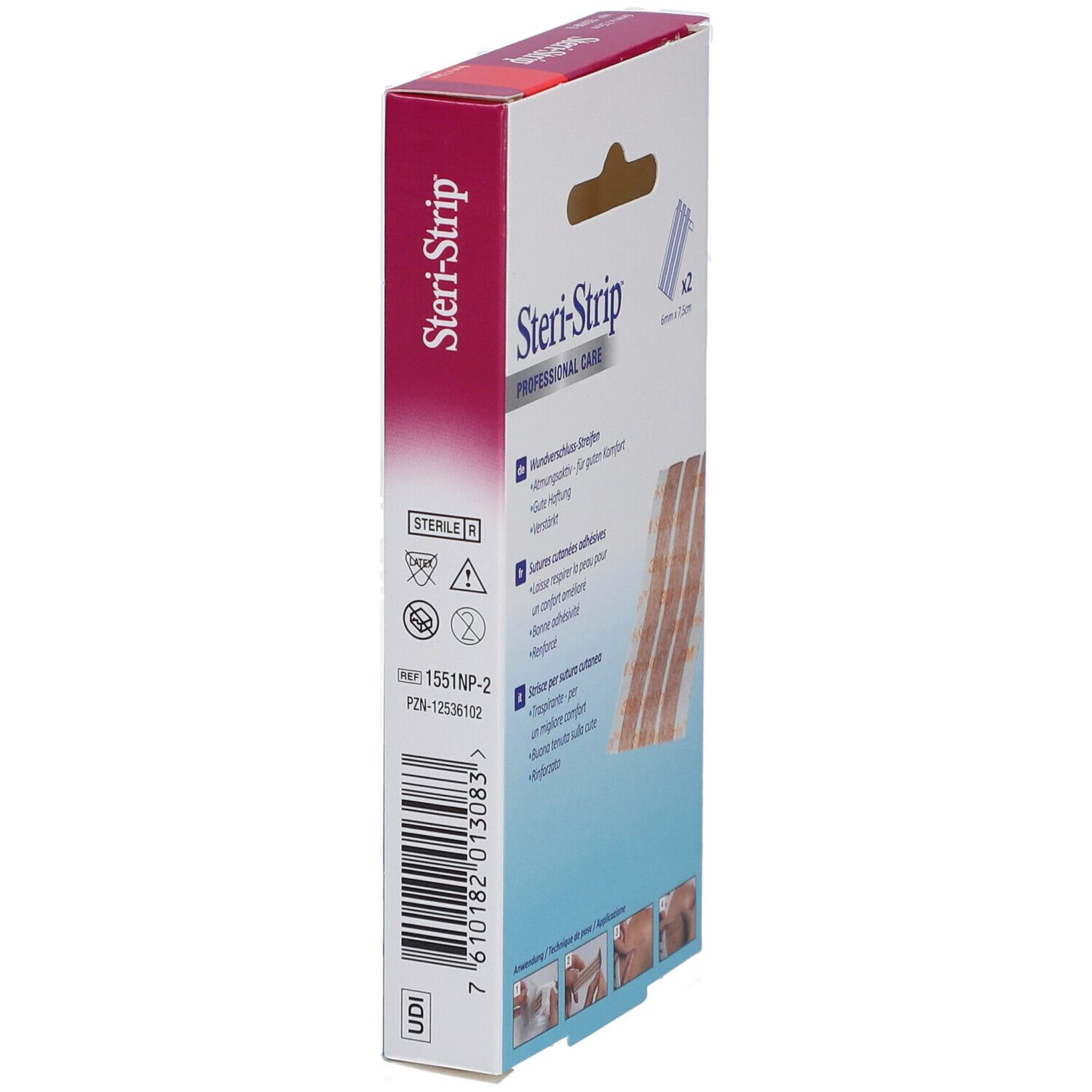 Vue latérale de la boîte 3M Steri-Strip. Nom et marque visibles. Contient 2 x 3 bandes. Instructions d'utilisation.