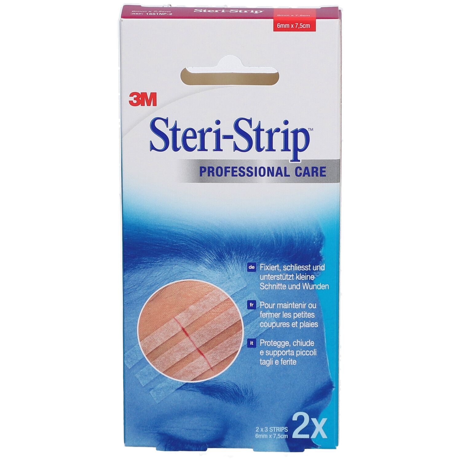 Boîte 3M Steri-Strip. Nom et marque du produit visibles. Contient 2 x 3 bandes. Illustration de l'application.