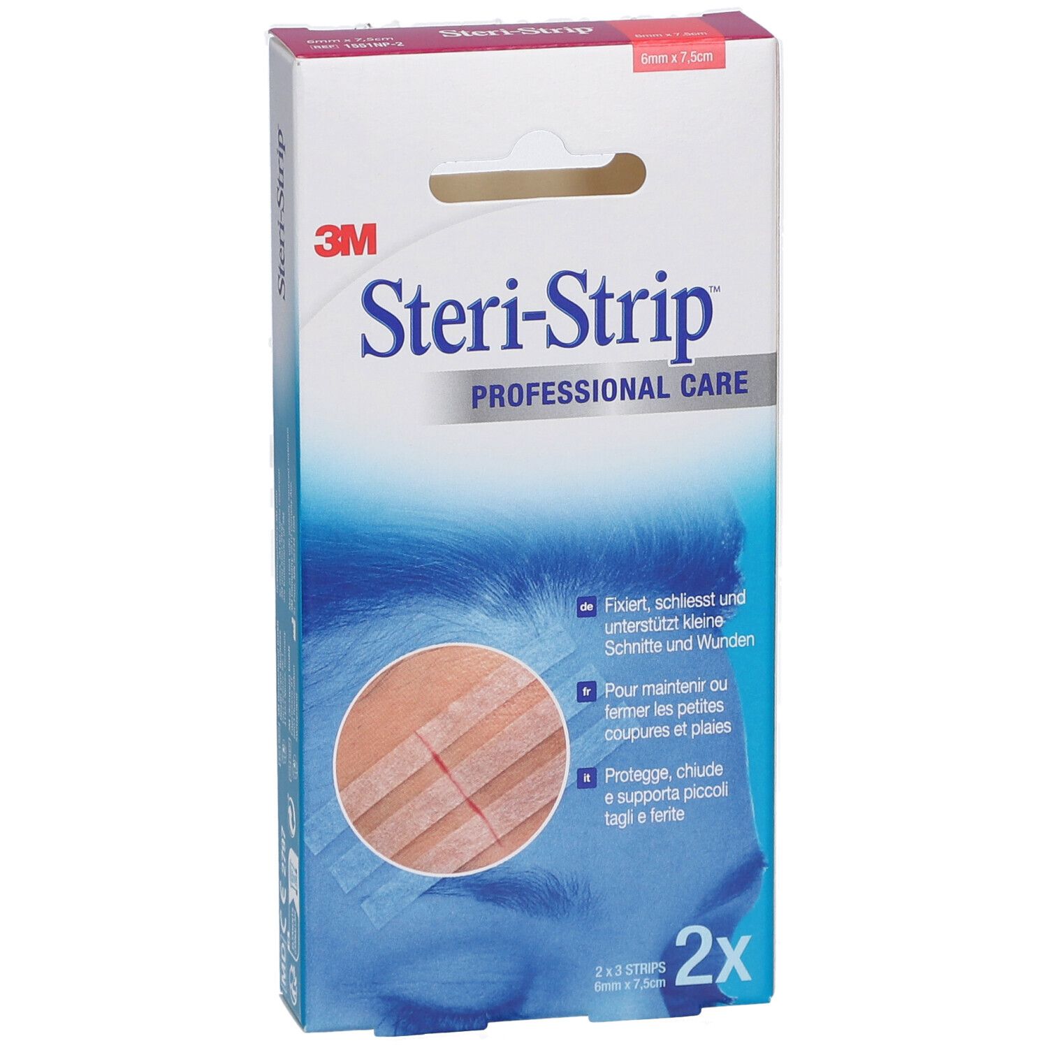 Boîte 3M Steri-Strip. Nom et marque du produit visibles. Contient 2 x 3 bandes. Illustration de l'application.