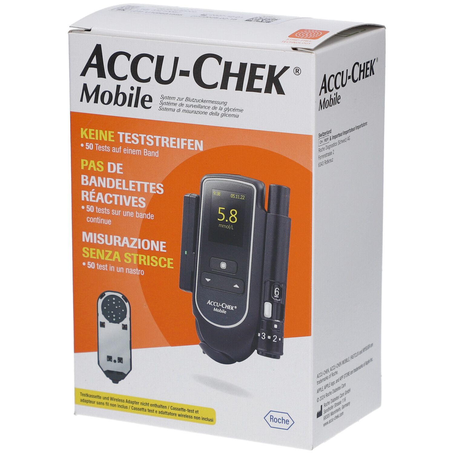 Boîte ACCU-CHEK Mobile. Contient un lecteur de glycémie et accessoires. Texte en allemand, français, italien.