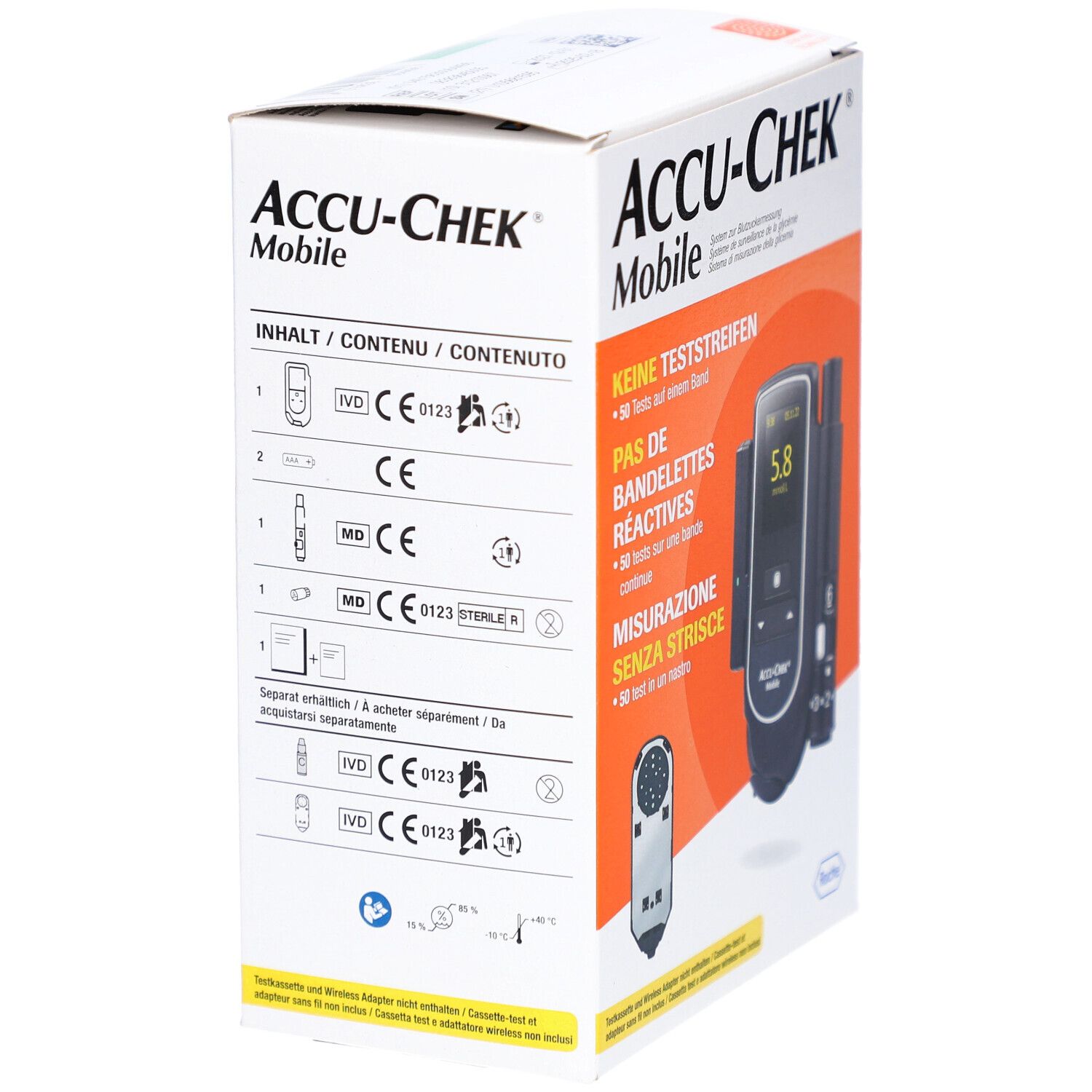 Boîte ACCU-CHEK Mobile. Contient des symboles et informations sur le contenu et les certifications.