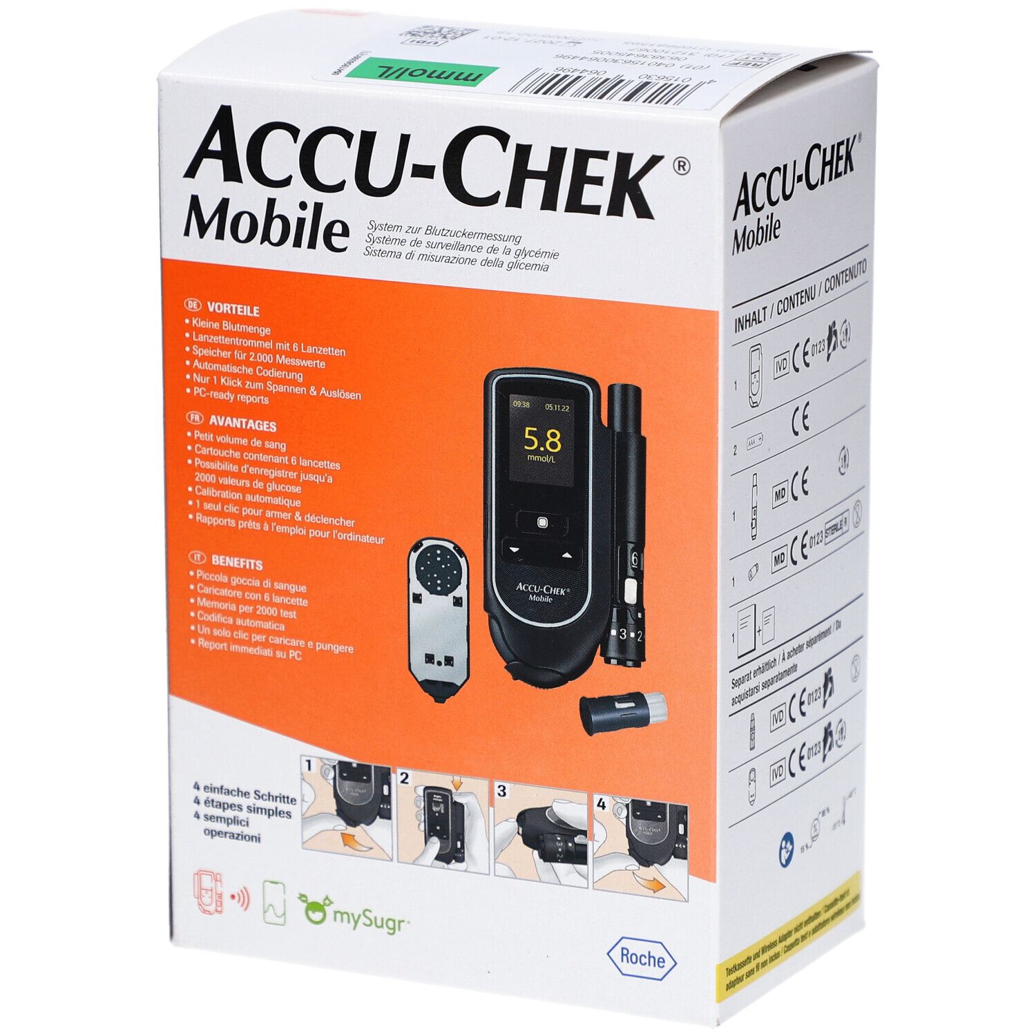 Boîte ACCU-CHEK Mobile. Affiche les avantages et exemples d'utilisation du produit.