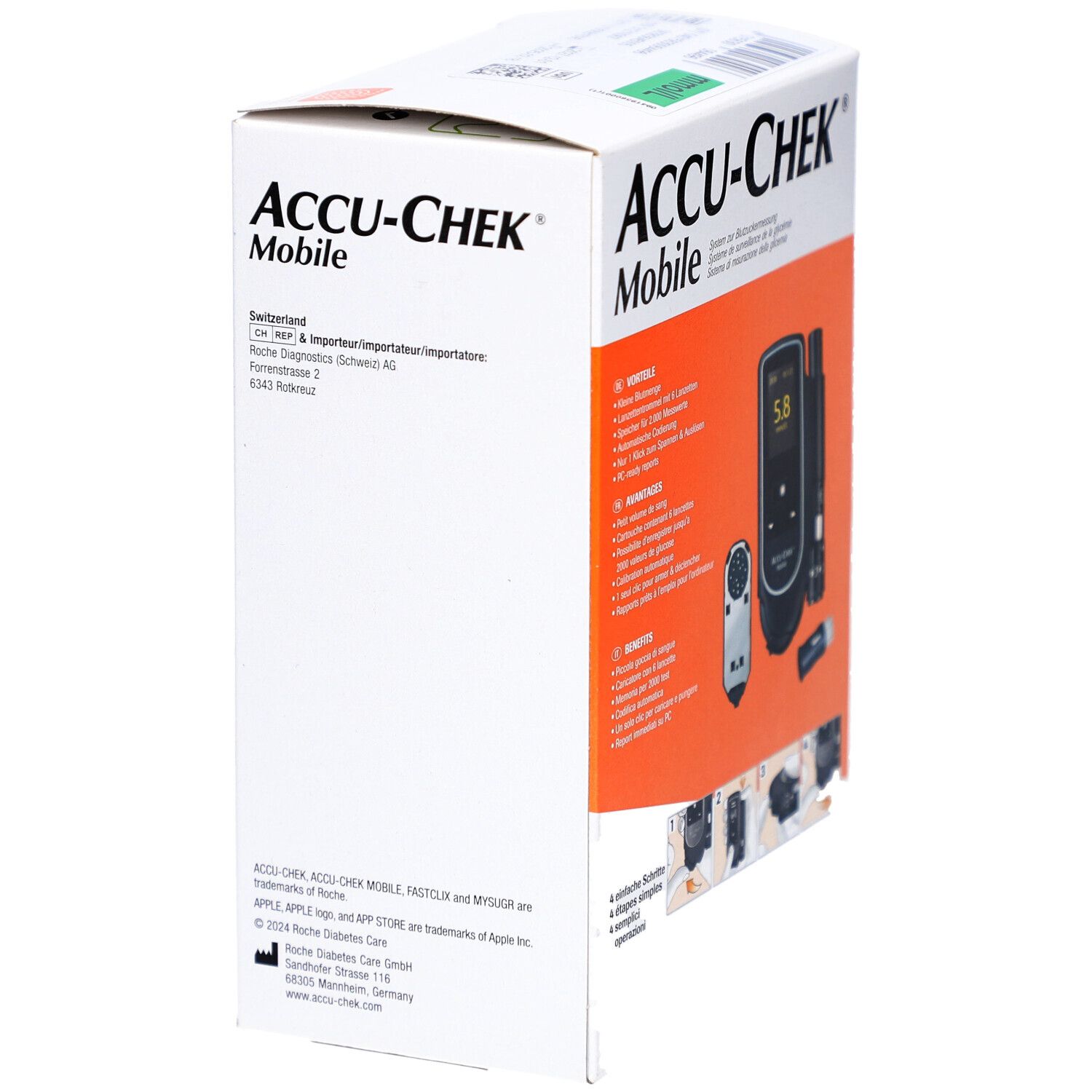 Boîte ACCU-CHEK Mobile. Affiche les informations du fabricant et l'adresse.