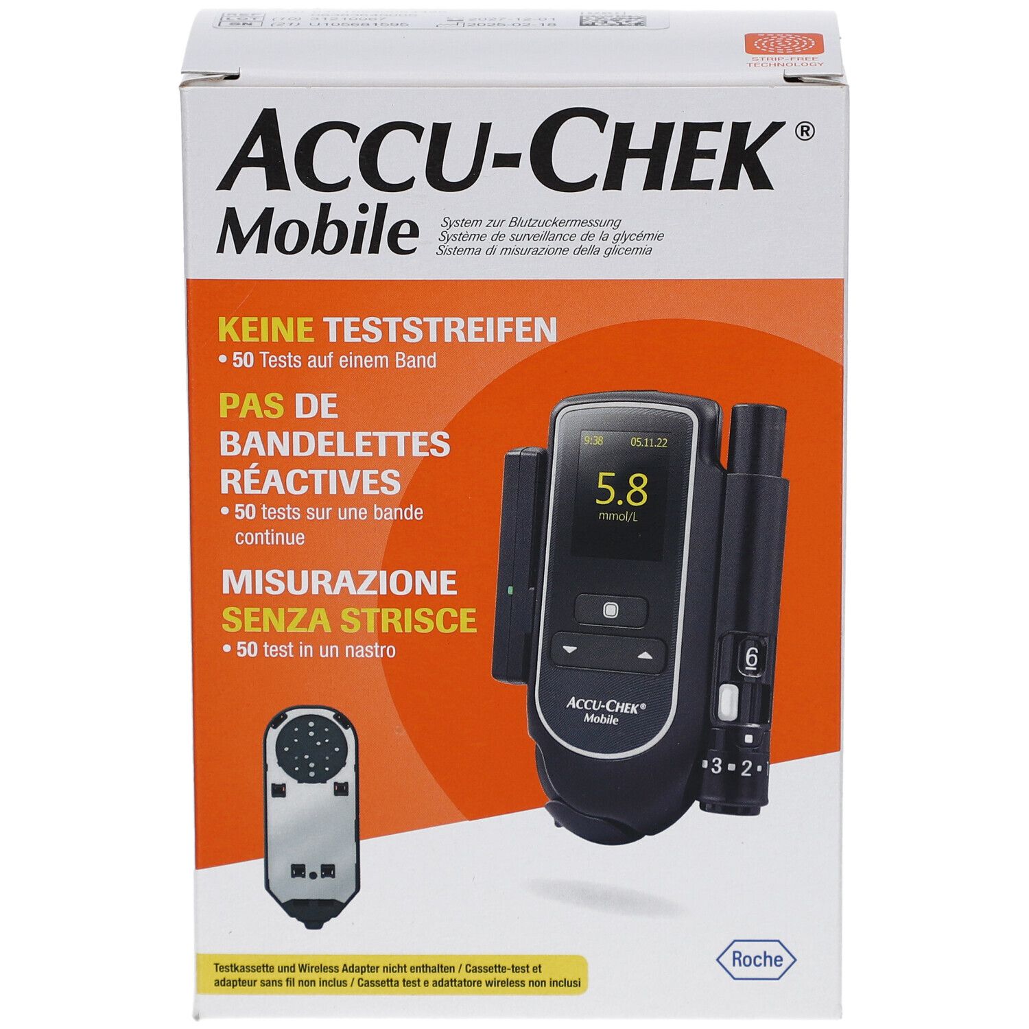 Boîte ACCU-CHEK Mobile. Affiche le lecteur de glycémie et les accessoires. Texte en allemand, français, italien.