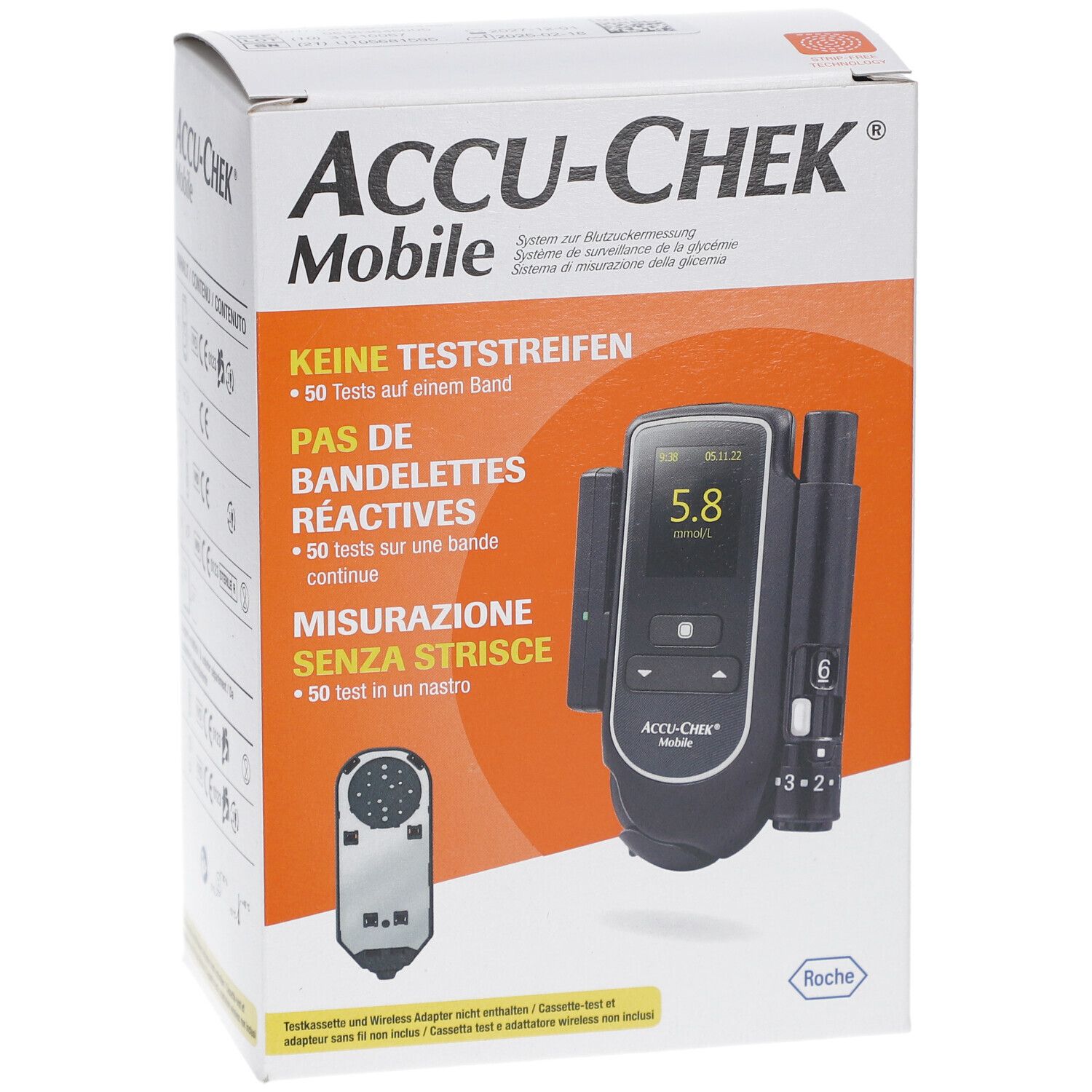 Boîte ACCU-CHEK Mobile. Affiche le lecteur de glycémie et les accessoires. Texte en allemand, français, italien.