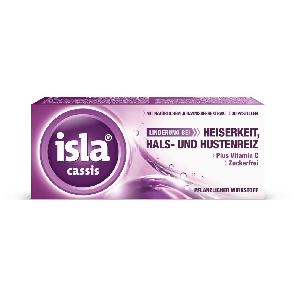 Boîte de pastilles "isla cassis". Emballage violet avec logo, nom du produit et informations sur les ingrédients et les effets.