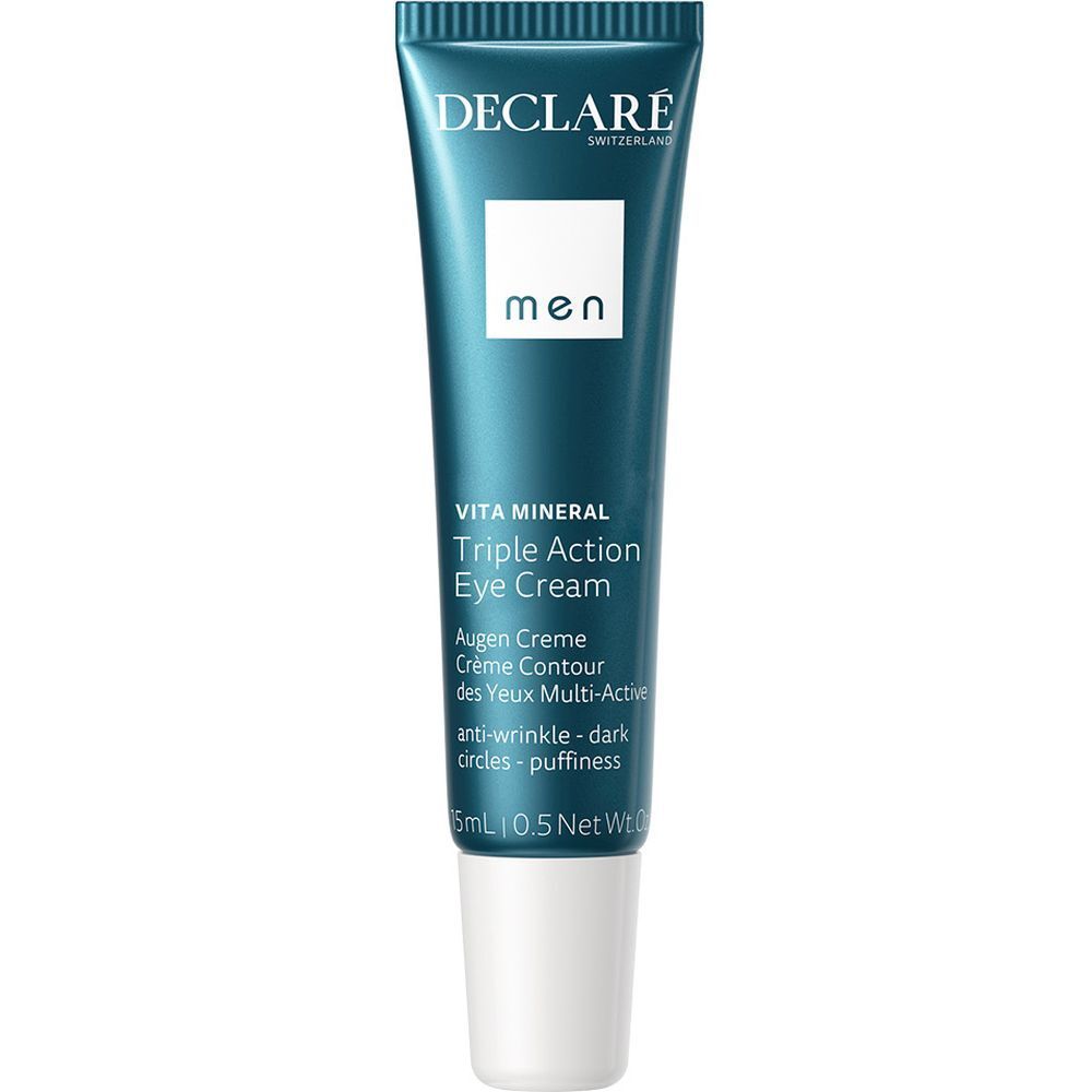 Tube bleu DECLARÉ. Crème pour les yeux pour hommes. Inscription: Vita Mineral Triple Action Eye Cream. 15 ml.