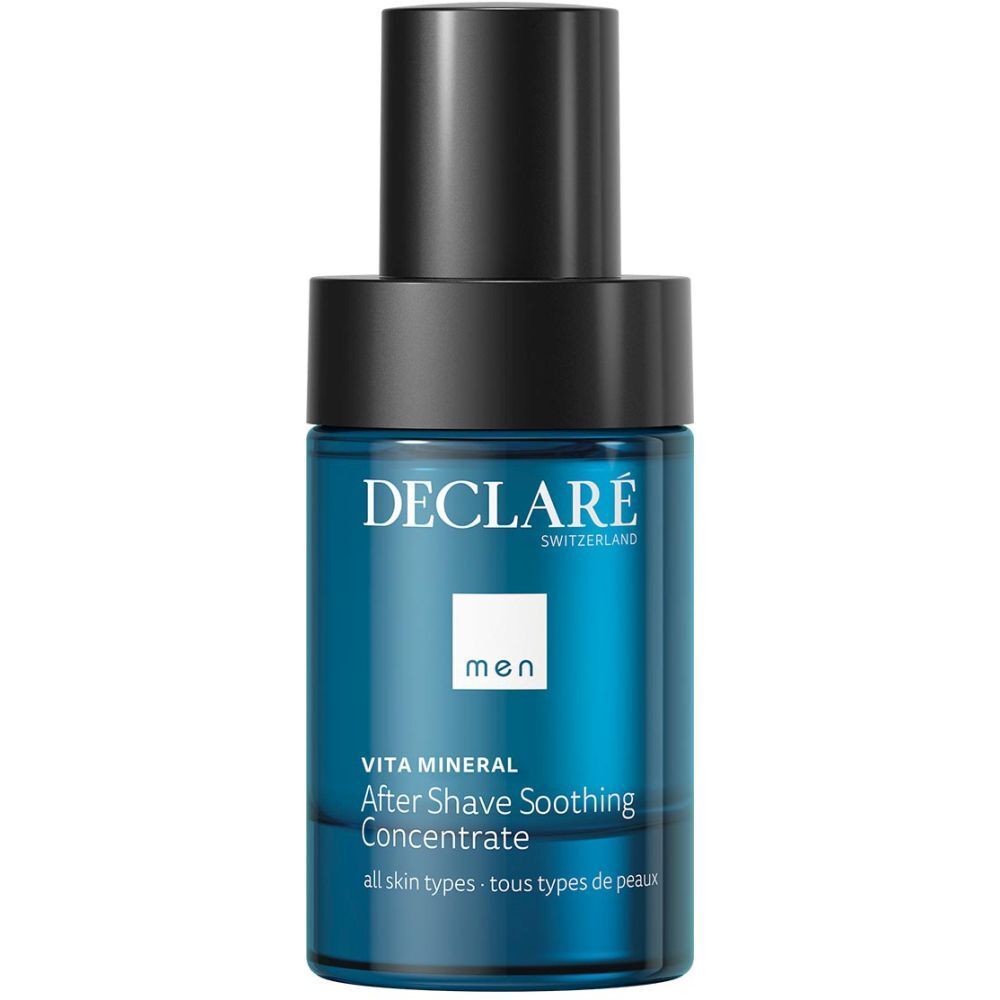 Flacon bleu-noir avec bouchon noir. Logo DECLARÉ et nom du produit. Pour tous types de peau.