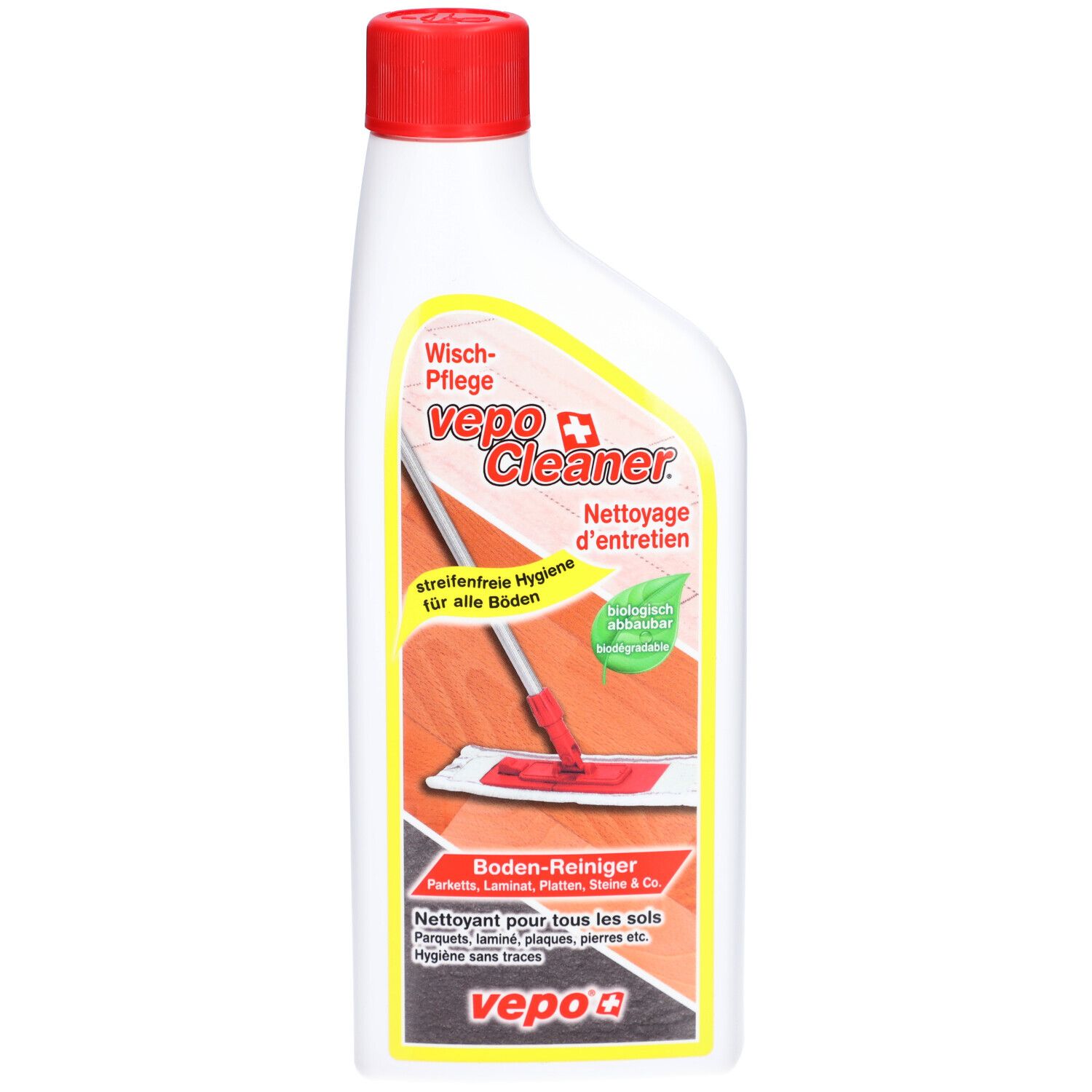 Flacon avec bouchon rouge. Étiquette VEPOCLEANER® avec nom du produit et zone d'application. Logo vert et blanc.