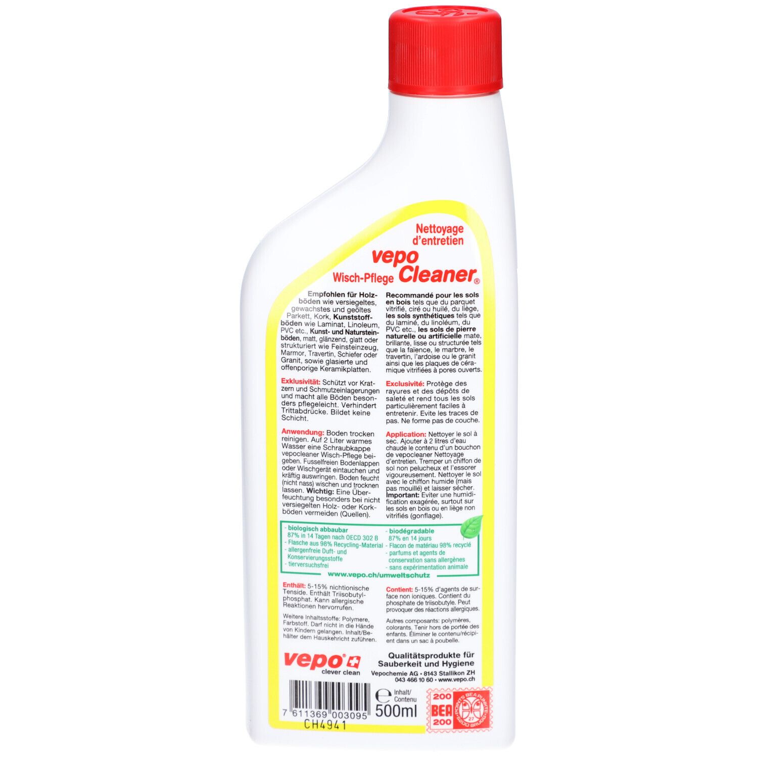 Dos du flacon. Informations textuelles et logos. Bouchon rouge. Logo VEPOCLEANER®. Étiquettes vertes.