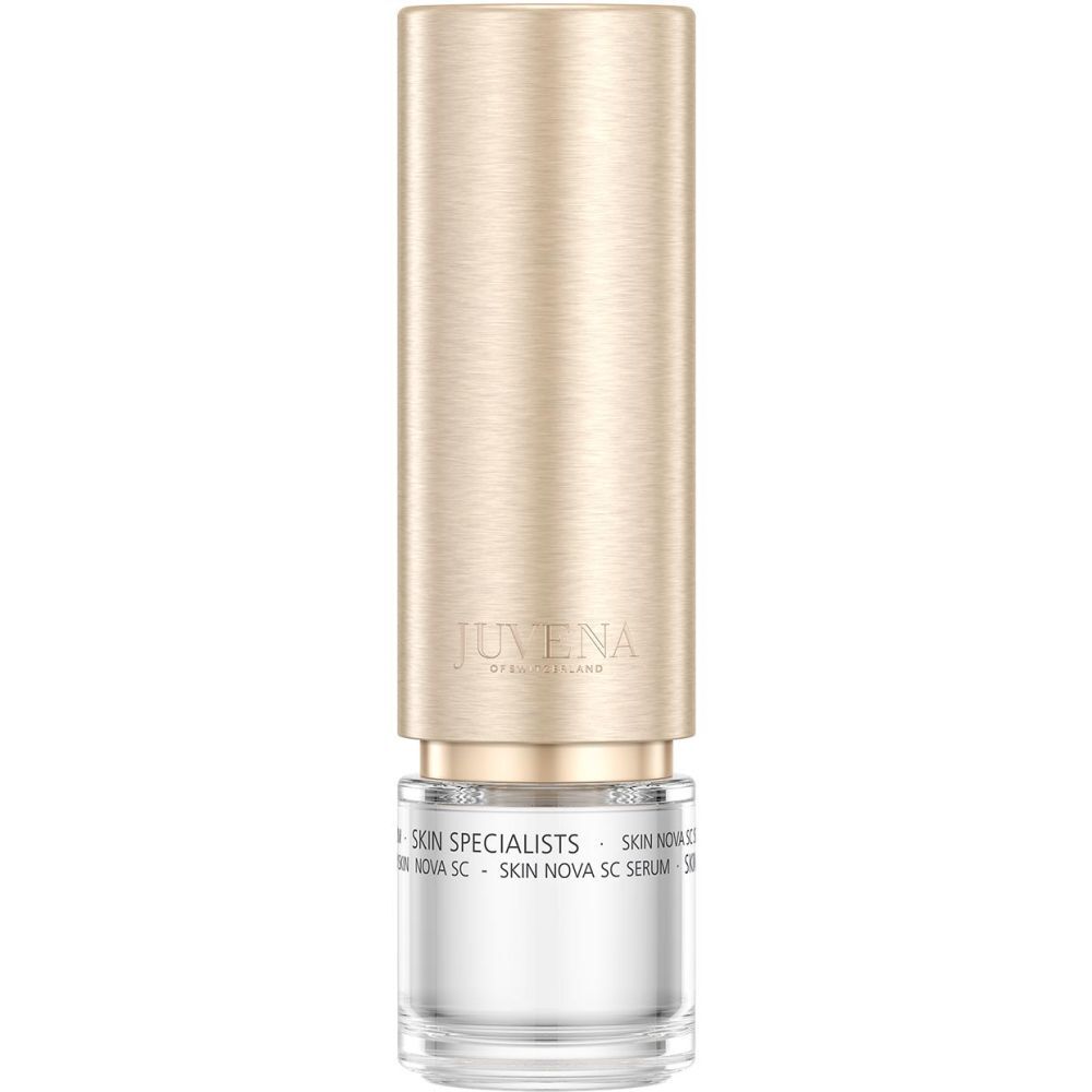 Flacon de sérum. Bouchon doré, flacon transparent. Inscription: Juvena, Skin Nova SC Serum.
