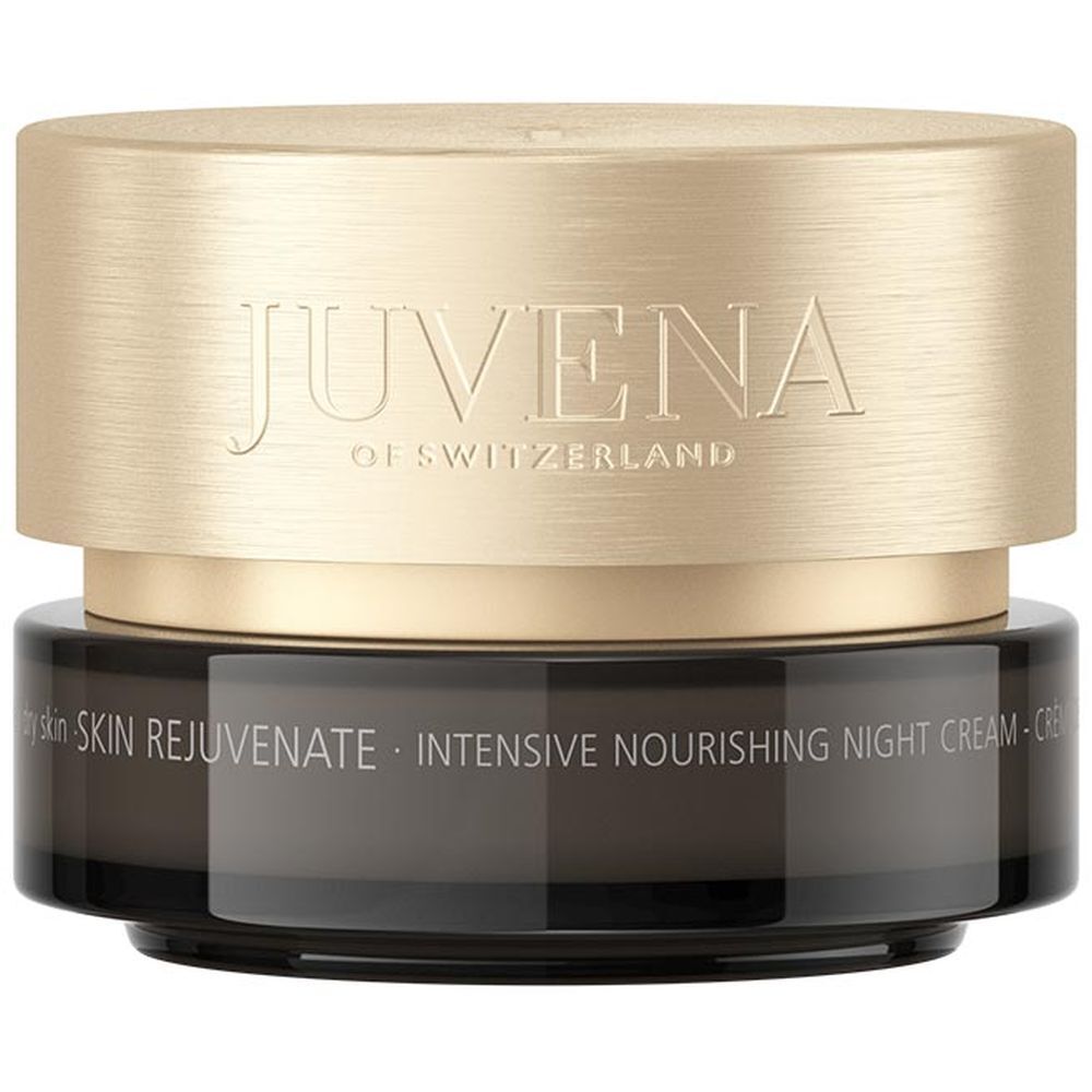 Pot de crème foncé avec couvercle doré. Inscription : JUVENA OF SWITZERLAND. Texte : Intensive Nourishing Night Cream.