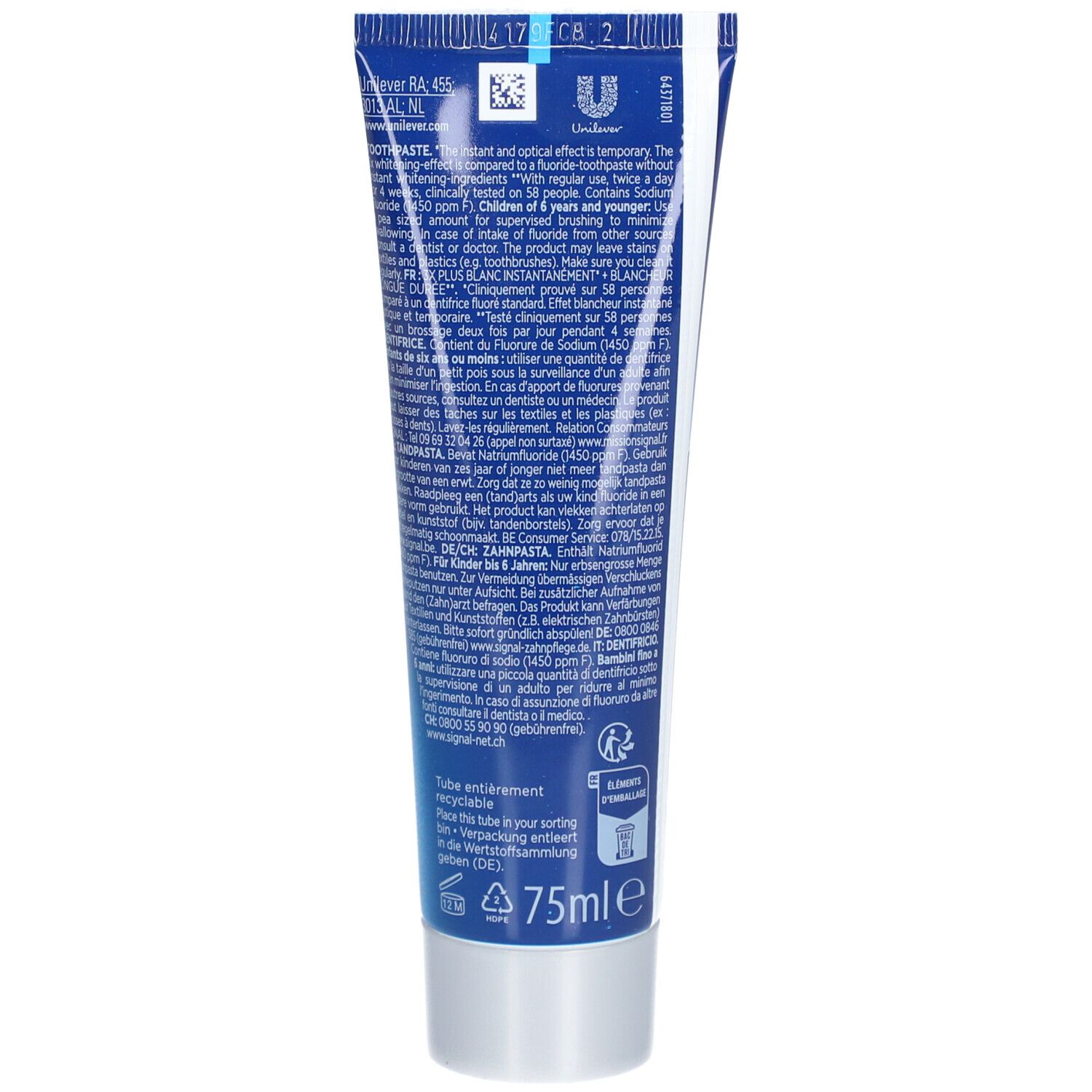 Arrière du tube de dentifrice Signal White Now avec informations et indication 75ml.