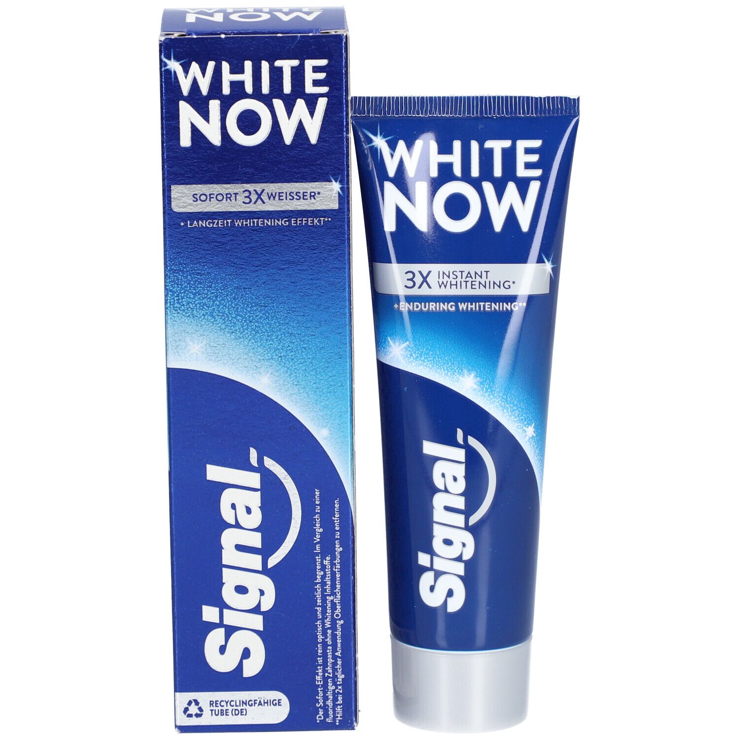 Dentifrice Signal White Now et sa boîte pliante, tous deux avec design effet blanchissant.