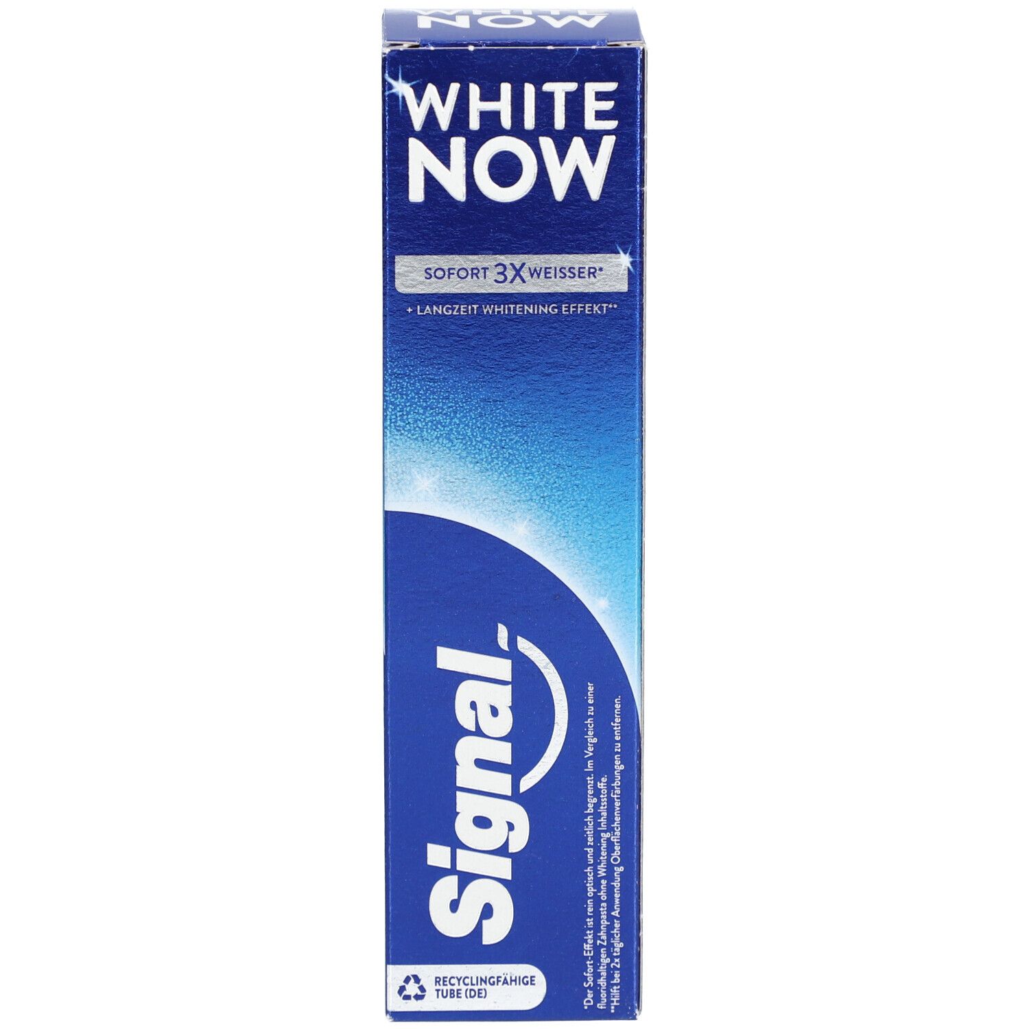 Avant de la boîte pliante de dentifrice Signal White Now avec design effet blanchissant.