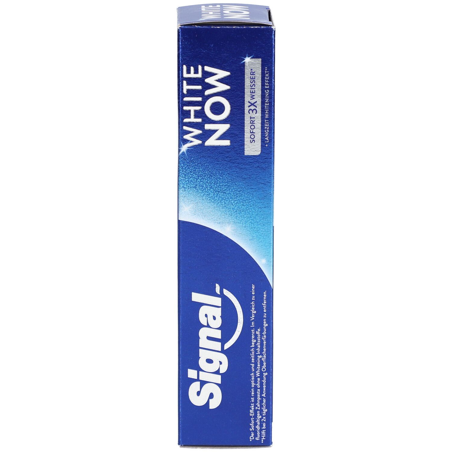Vue détaillée de la boîte pliante de dentifrice Signal White Now avec détails sur la technologie blanchissante.