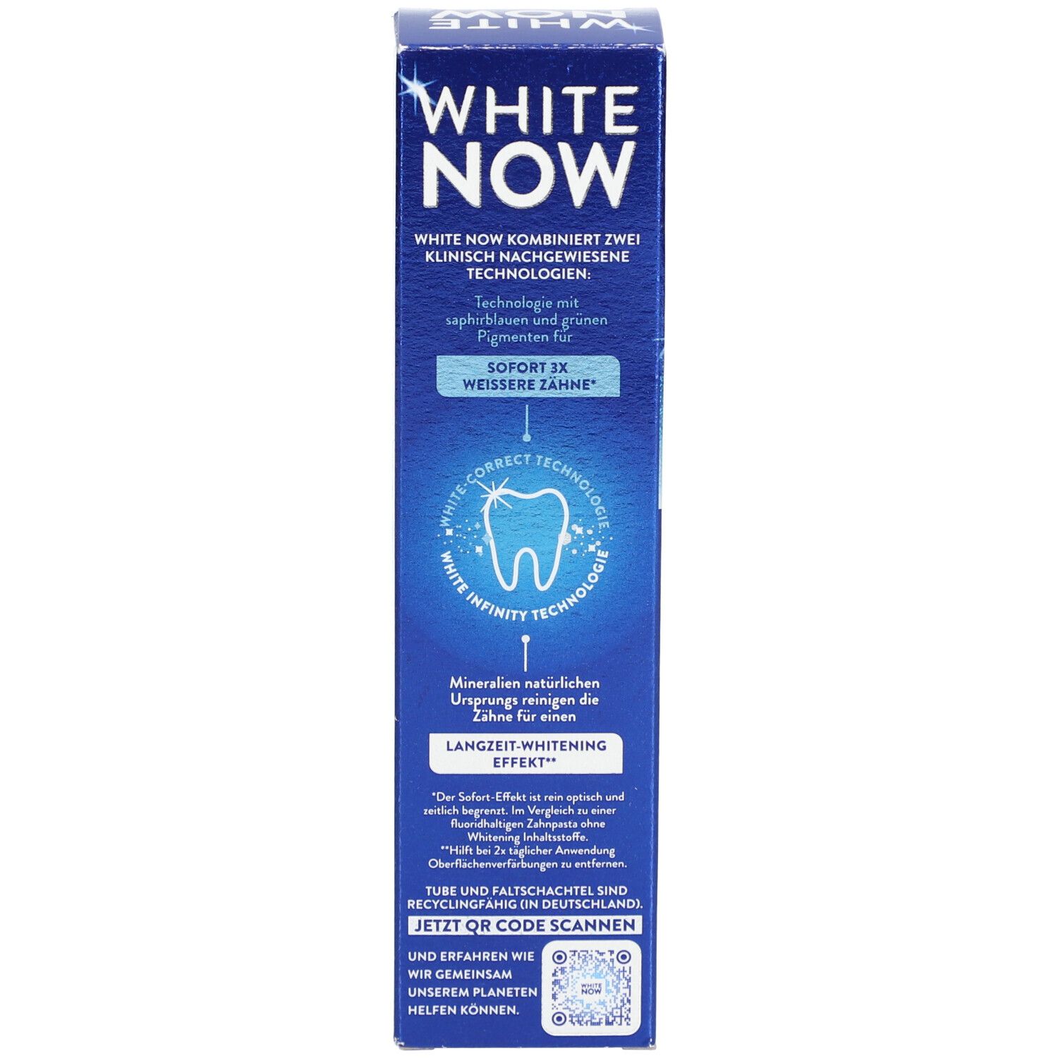 Vue latérale de la boîte pliante de dentifrice Signal White Now avec informations et indication 75ml.