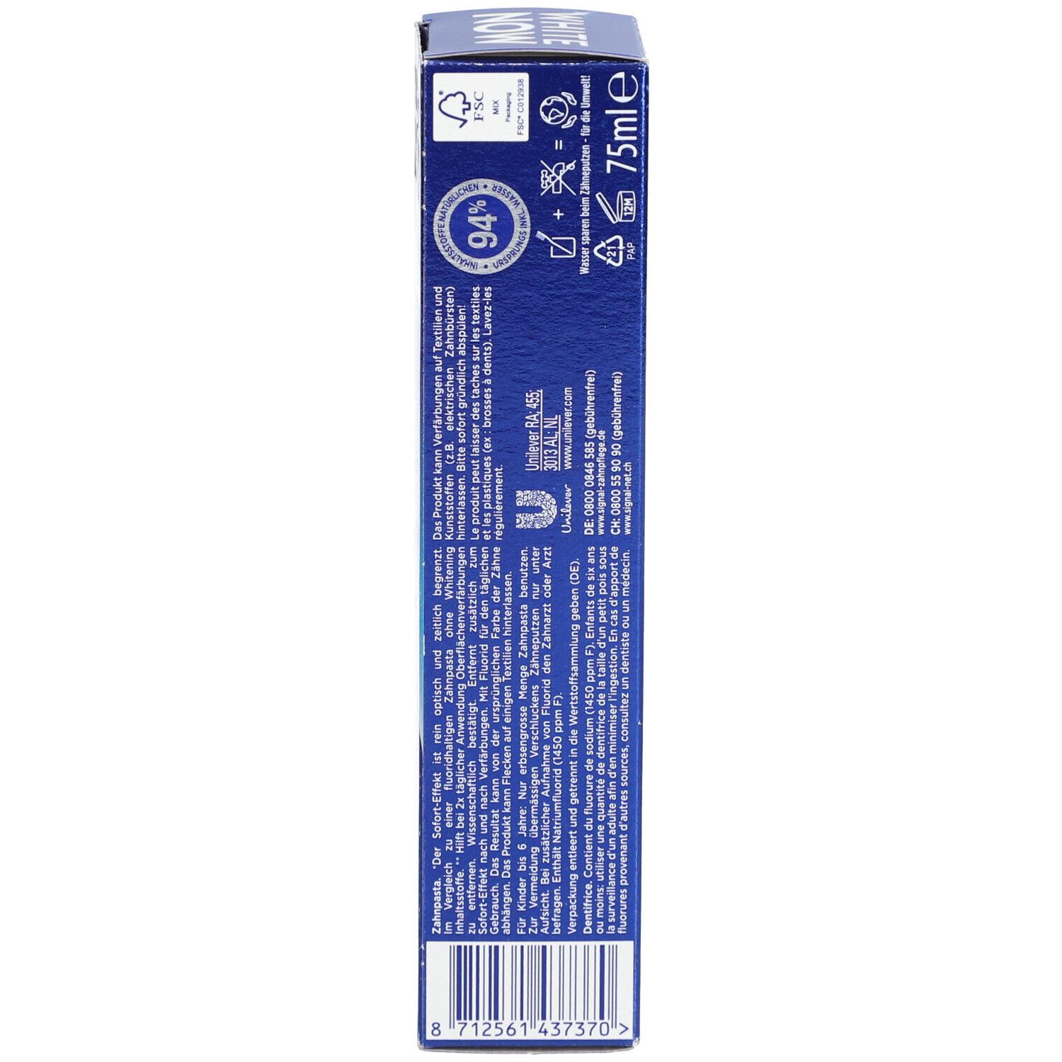 Arrière de la boîte pliante de dentifrice Signal White Now avec code-barres et indication 75ml.