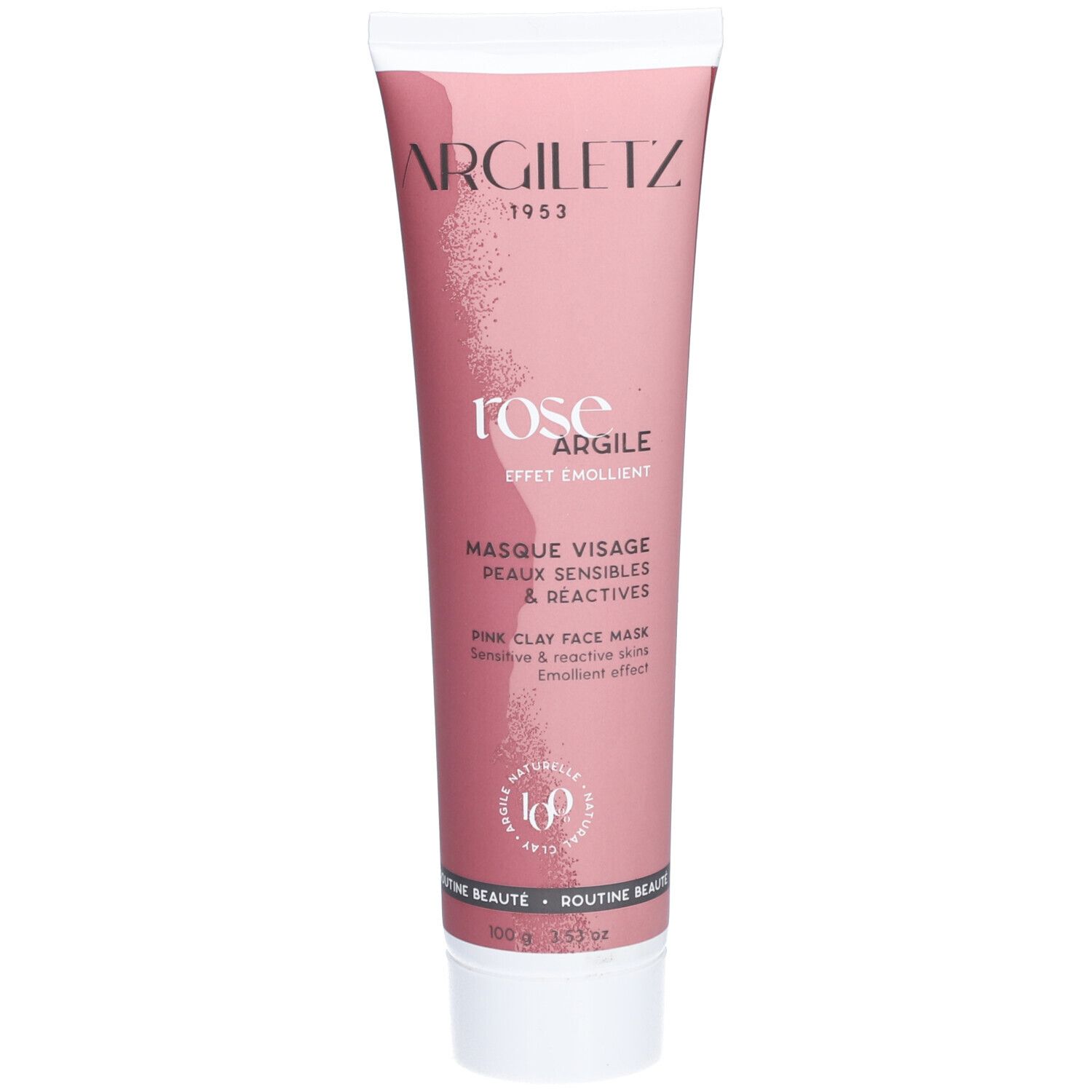 Tube rose avec bouchon blanc. Inscription: ARGILETZ, Argile rose, Masque Visage, Peaux Sensibles & Reactives.