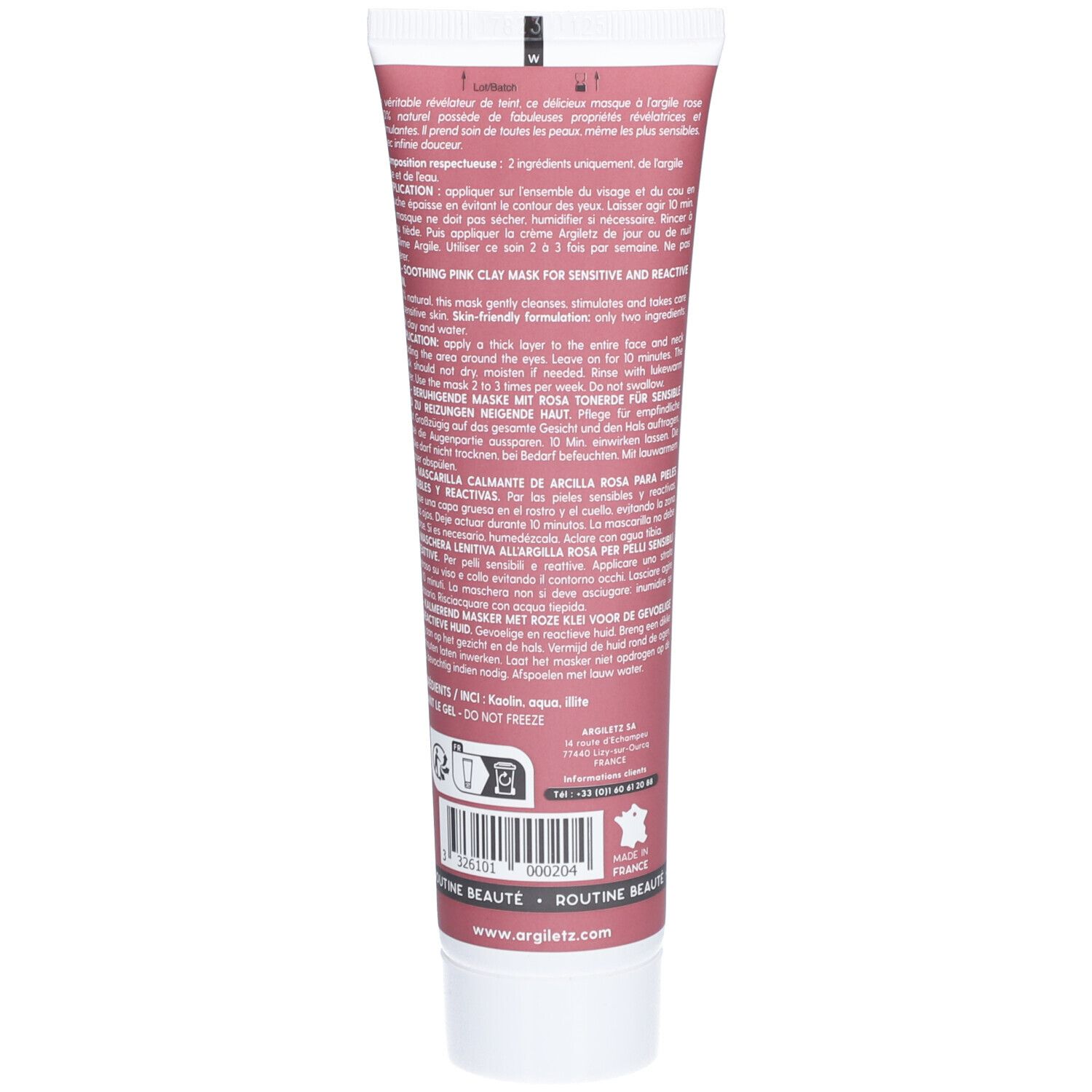 Dos du tube rose. Texte multilingue. Bouchon blanc. Inscription: ARGILETZ, Made in France.
