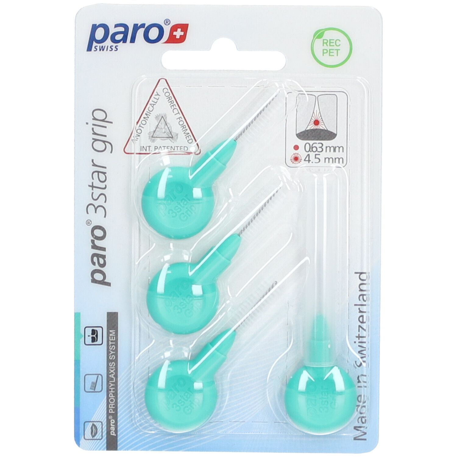 Emballage blister avec 4 brossettes interdentaires vertes. 3 avec manche, 1 sans. Inscription : paro 3star grip.