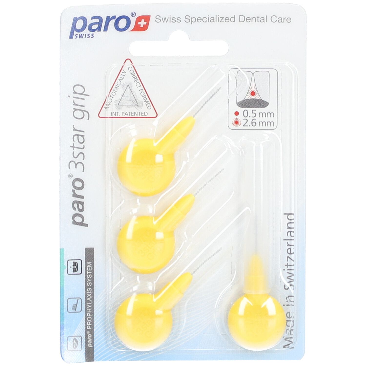 Brosses interdentaires jaunes dans un emballage blister. 3 brosses avec manches jaunes, 2,6 mm. Marque Paro.