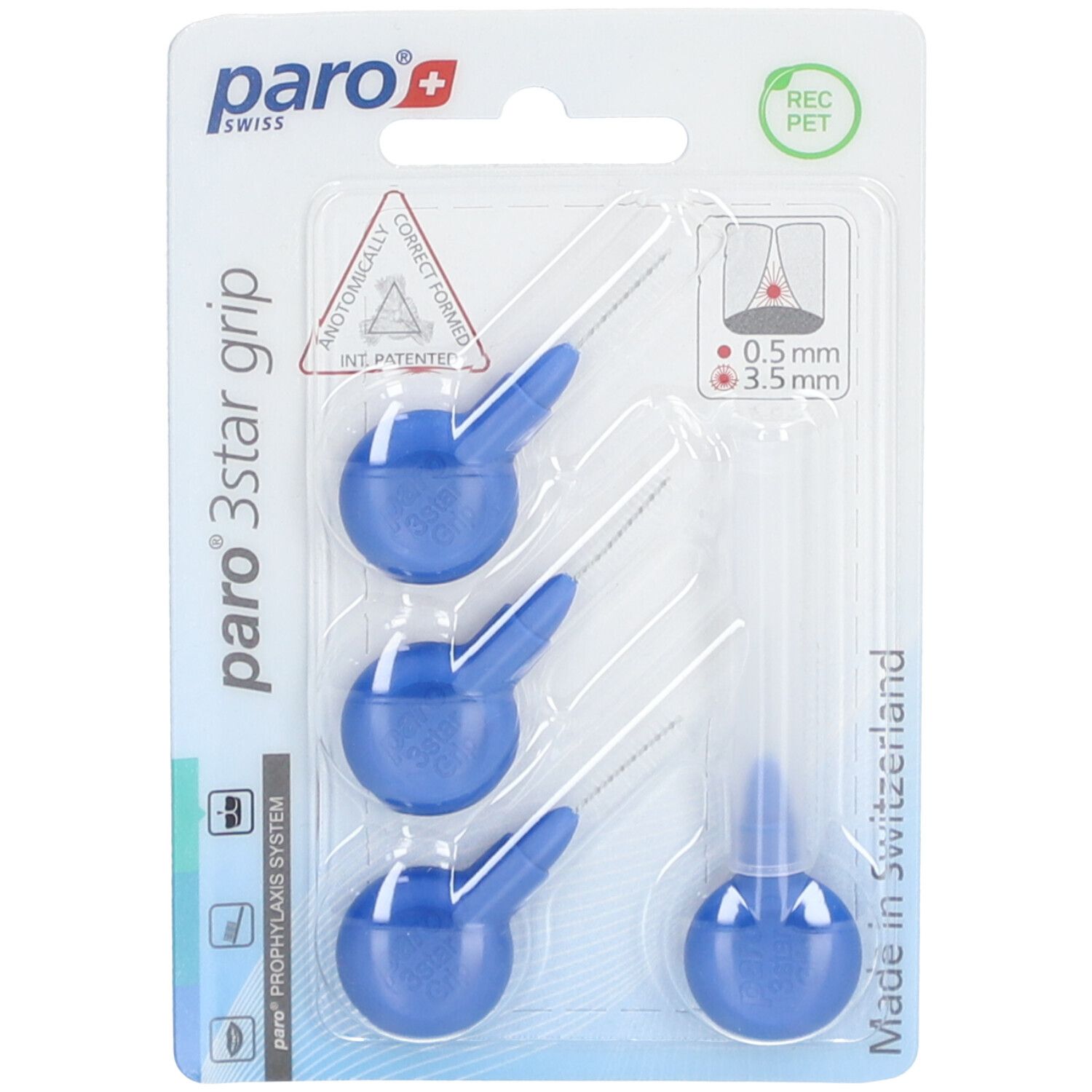 Emballage blister avec trois brossettes interdentaires bleues. Manches 3-étoiles. Tête 3,5 mm. Logo "paro".