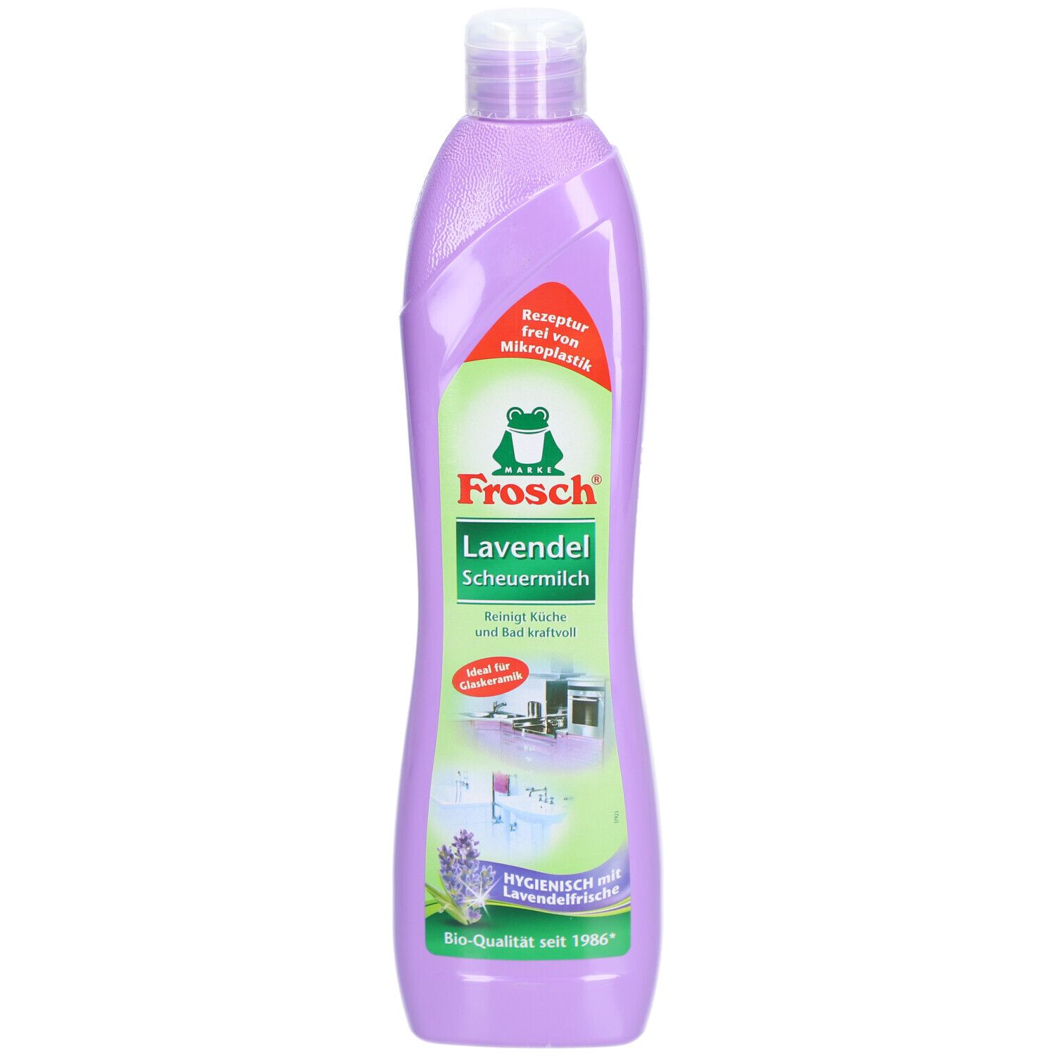 Flacon de liquide violet. Frosch Lavande crème à récurer. Logo vert de la grenouille. Texte: Nettoie puissamment cuisine et salle de bain.
