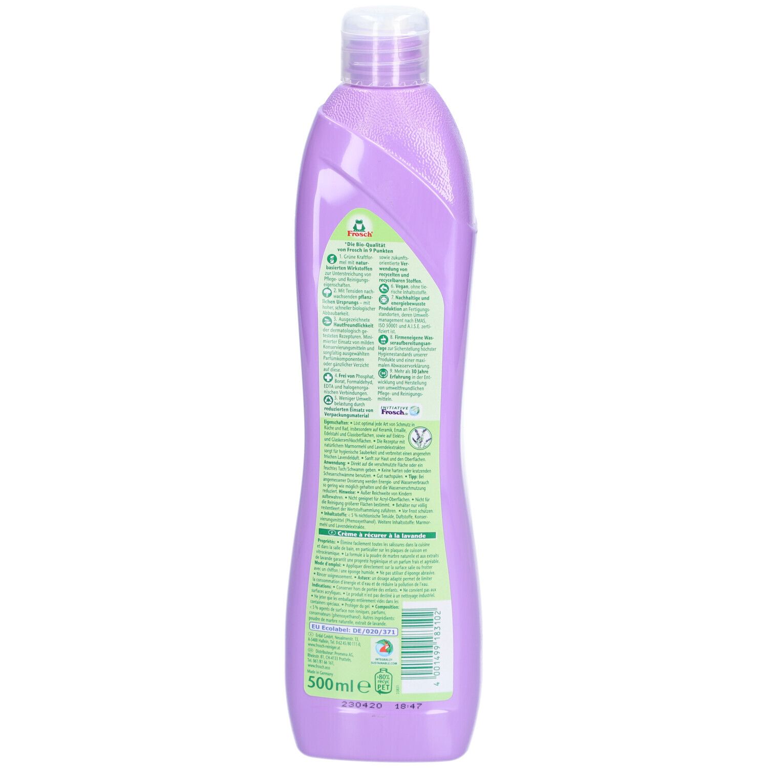 Dos du flacon. Flacon violet avec texte et éléments verts. Logo Frosch. Texte et informations sur l'utilisation du produit.