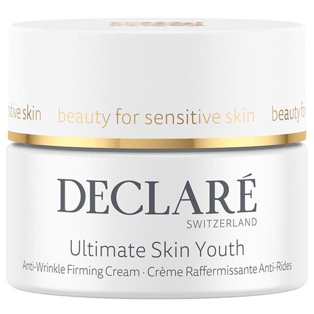 Pot blanc avec bord doré. Inscription : DECLARÉ, Ultimate Skin Youth, Crème Raffermissante Anti-Rides.