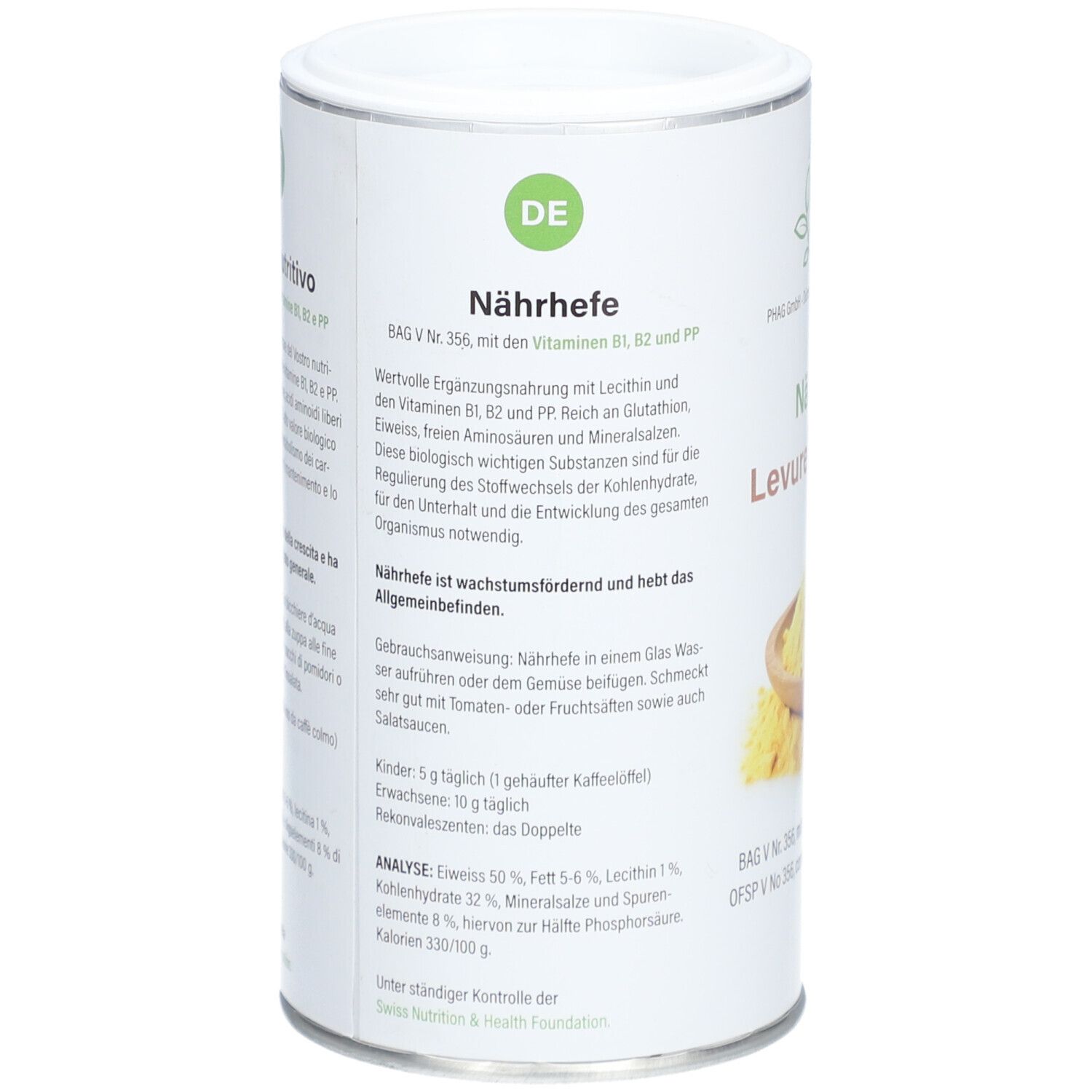 Boîte cylindrique avec texte en allemand. Contient de la levure nutritionnelle, vitamines B1, B2, PP. Analyse: Protéines 50%, graisses 5-6%, lécithine 1%.