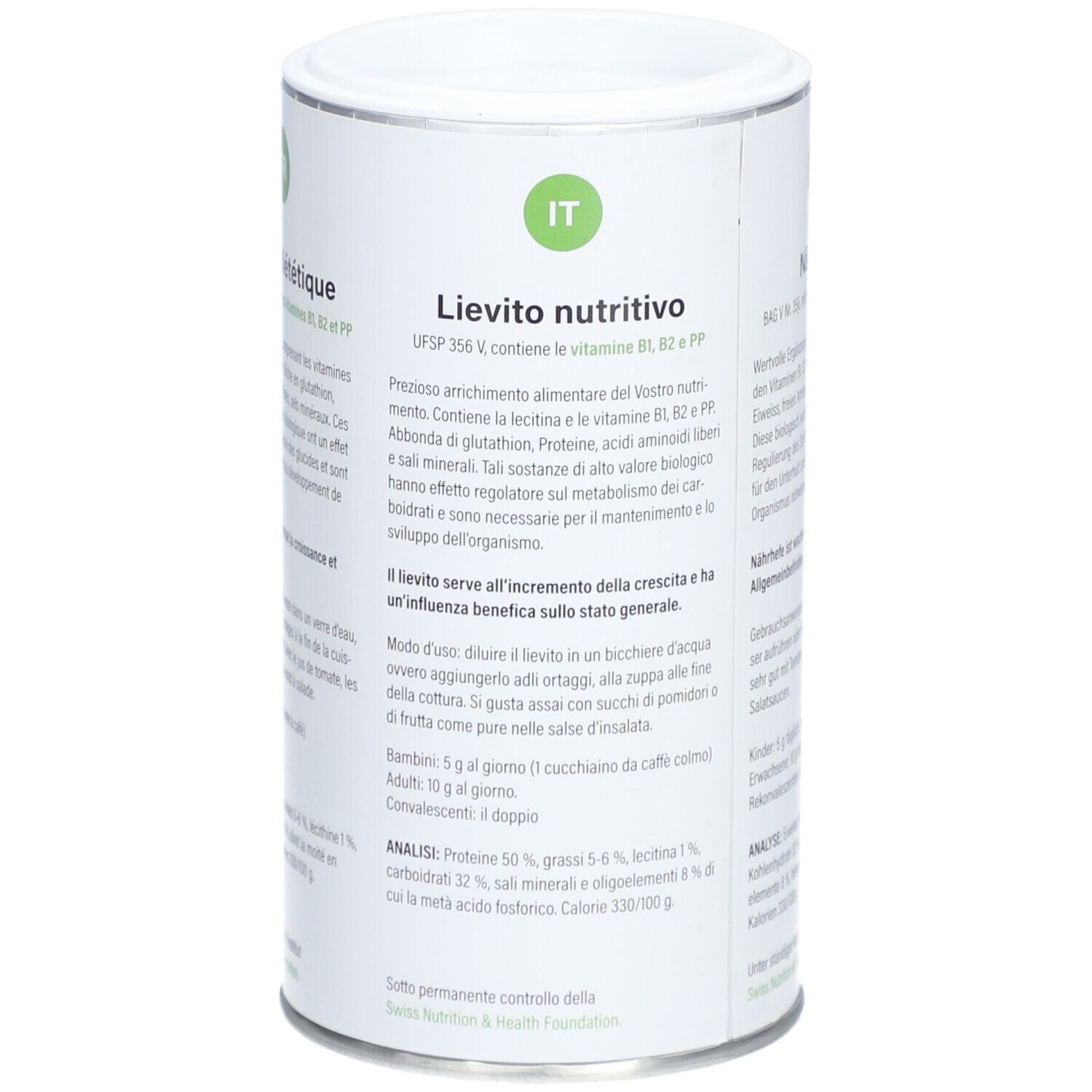 Boîte cylindrique avec texte en italien. Contient de la levure nutritionnelle, vitamines B1, B2, PP. Analyse: Protéines 50%, graisses 5-6%, lécithine 1%.