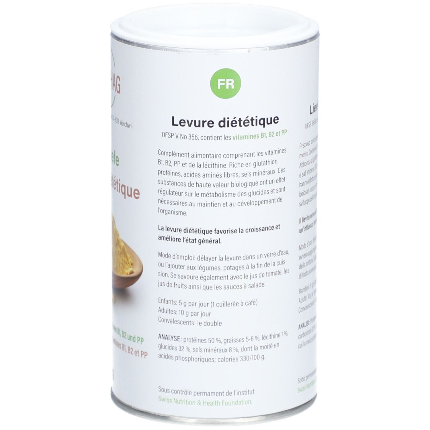 Boîte cylindrique avec texte en français. Contient Levure diététique, vitamines B1, B2, PP. Analyse: Protéines 50%, graisses 5-6%, lécithine 1%.