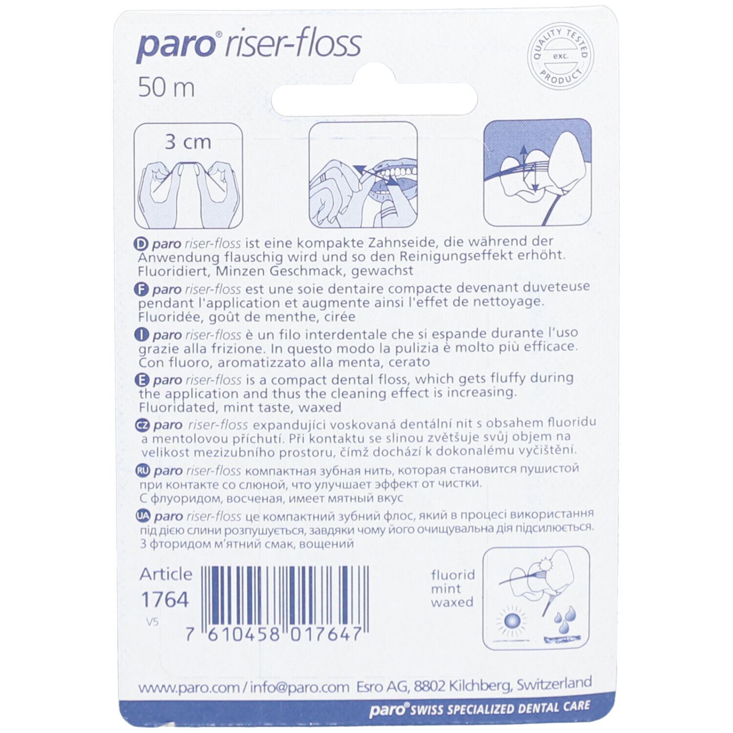 Dos de l'emballage de fil dentaire. Texte et illustrations. "paro riser-floss" et "50 m" visibles. Illustration : 3 cm.