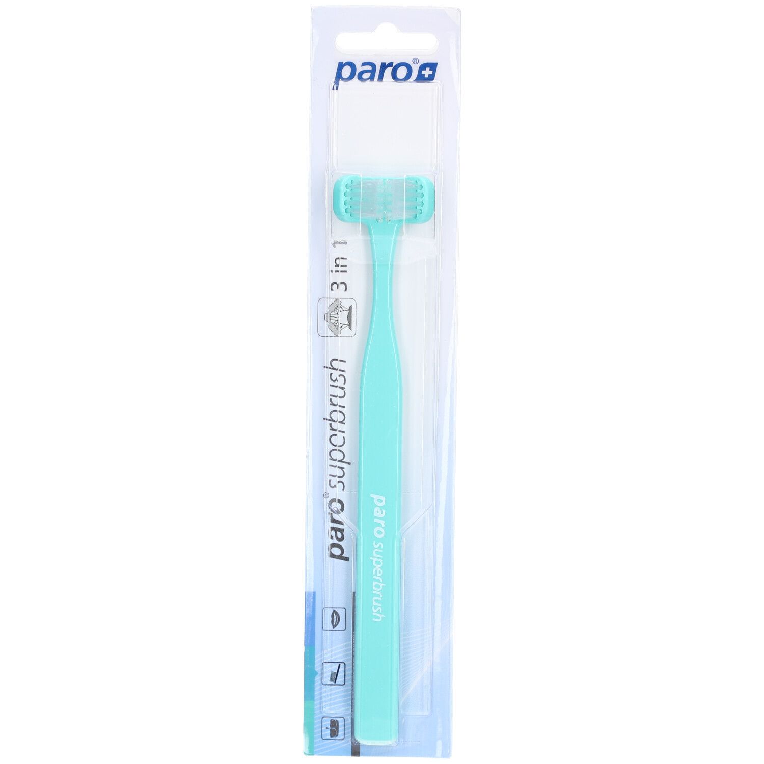 Brosse à dents paro superbrush bleu clair, à trois têtes, dans son emballage.