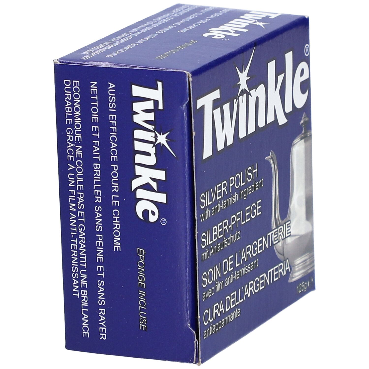Boîte bleue avec logo Twinkle et texte. Inscription : Silver Polish, Silber-Pflege, Soin de l'argenterie, Cura dell'argenteria. Image d'une cafetière.